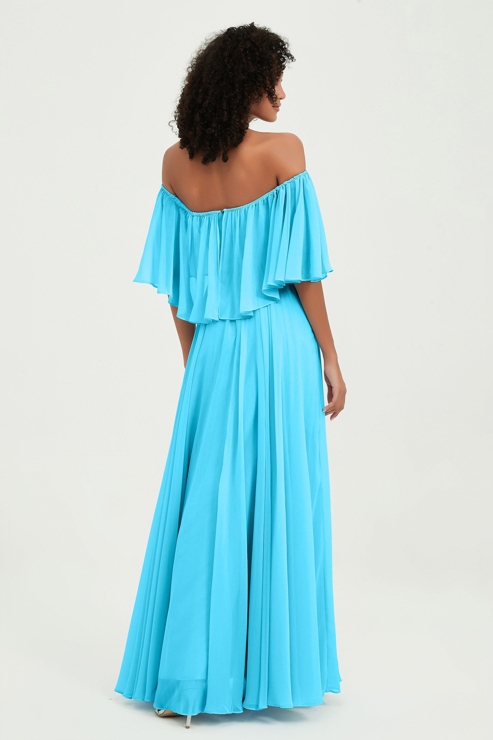 Boho Bridesmaid Dresses Ruffles Flutter Sleeves Formal Evening Dress Chiffon Off the Shoulder Gowns