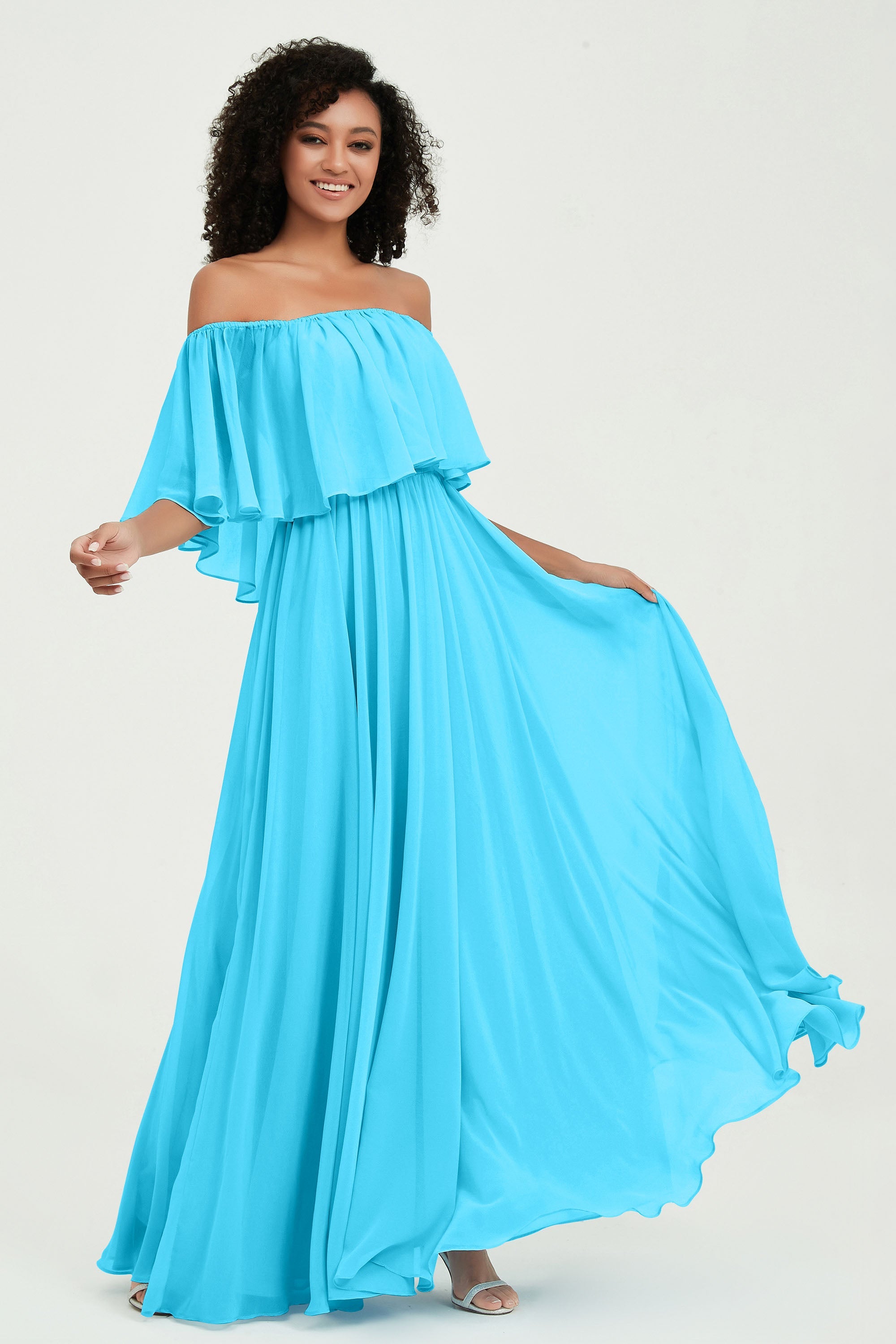 Boho Bridesmaid Dresses Ruffles Flutter Sleeves Formal Evening Dress Chiffon Off the Shoulder Gowns