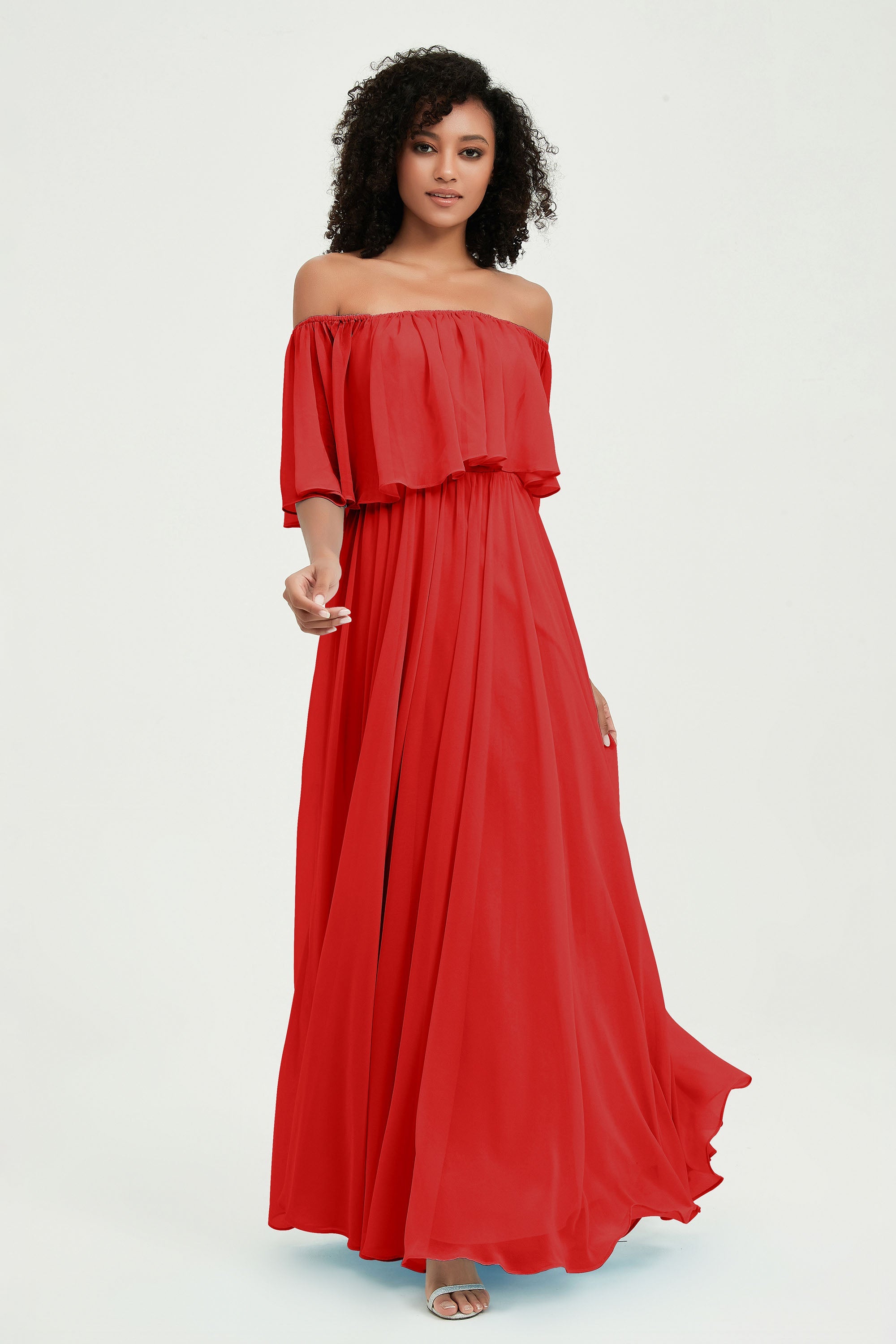 Boho Bridesmaid Dresses Ruffles Flutter Sleeves Formal Evening Dress Chiffon Off the Shoulder Gowns