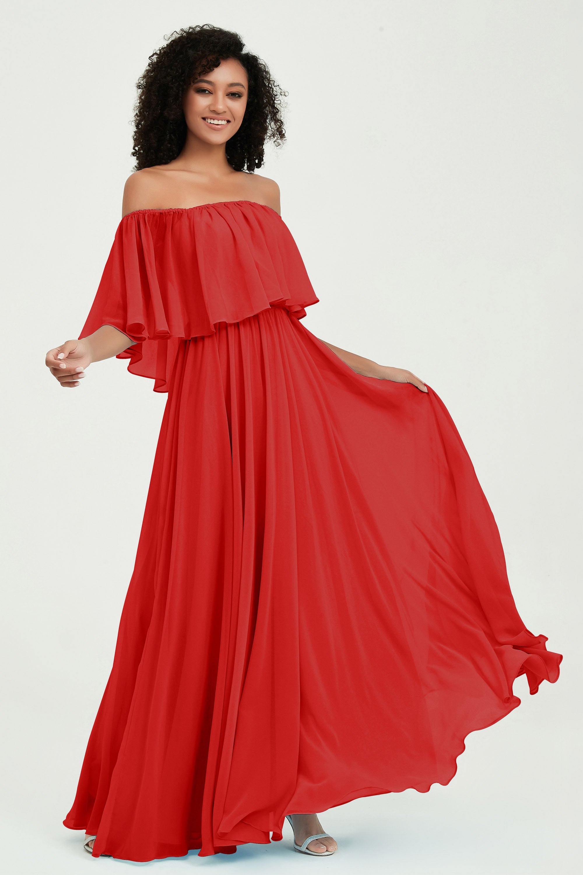 Boho Bridesmaid Dresses Ruffles Flutter Sleeves Formal Evening Dress Chiffon Off the Shoulder Gowns
