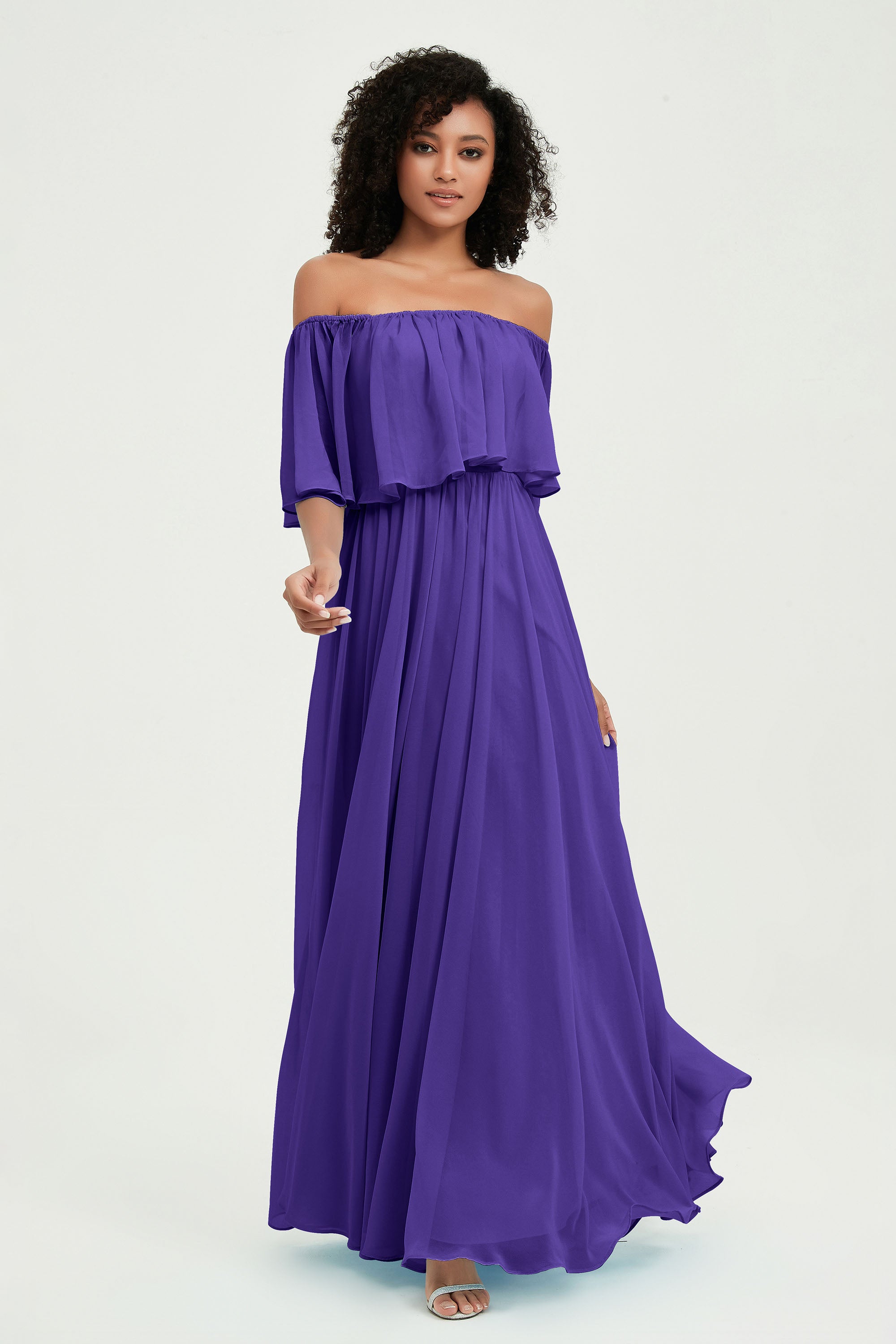 Boho Bridesmaid Dresses Ruffles Flutter Sleeves Formal Evening Dress Chiffon Off the Shoulder Gowns