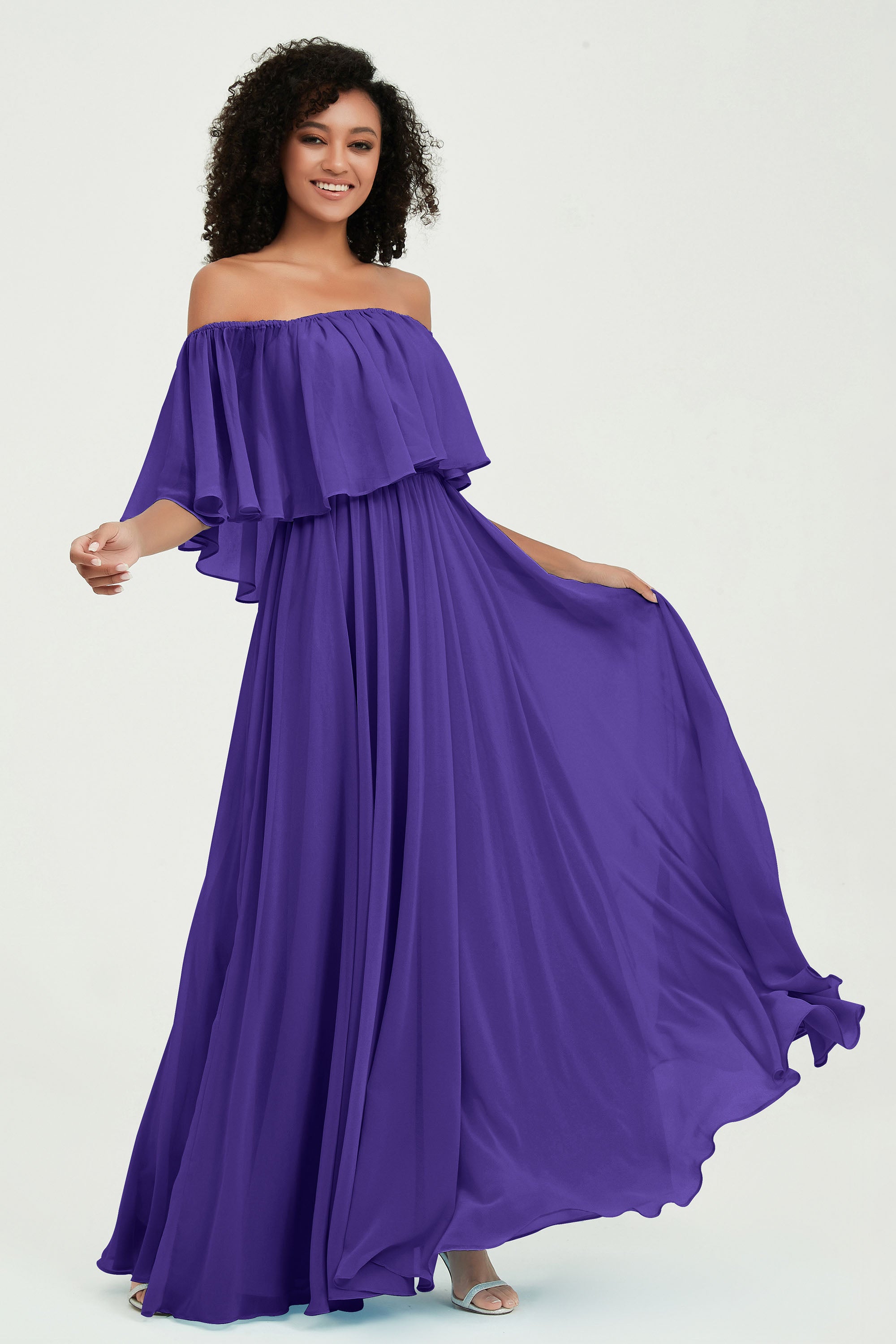 Boho Bridesmaid Dresses Ruffles Flutter Sleeves Formal Evening Dress Chiffon Off the Shoulder Gowns