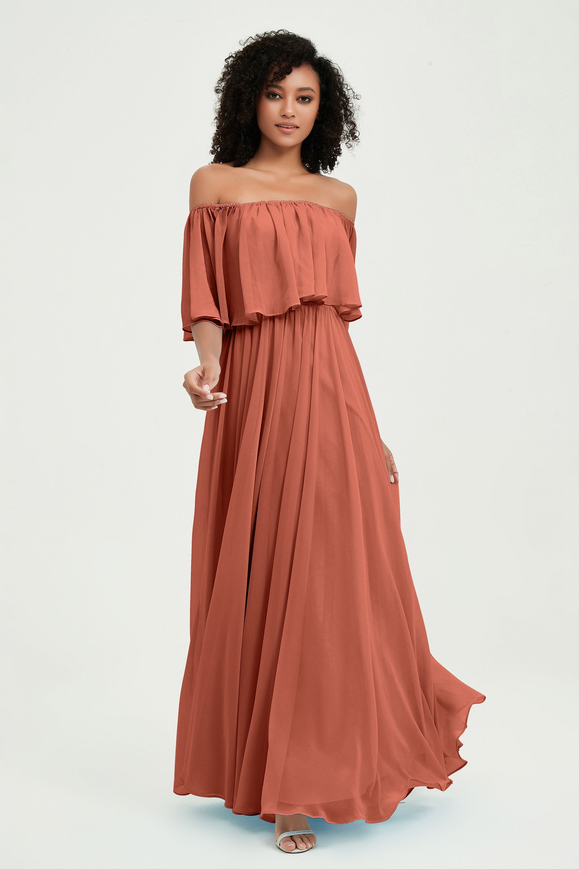 Boho Bridesmaid Dresses Ruffles Flutter Sleeves Formal Evening Dress Chiffon Off the Shoulder Gowns