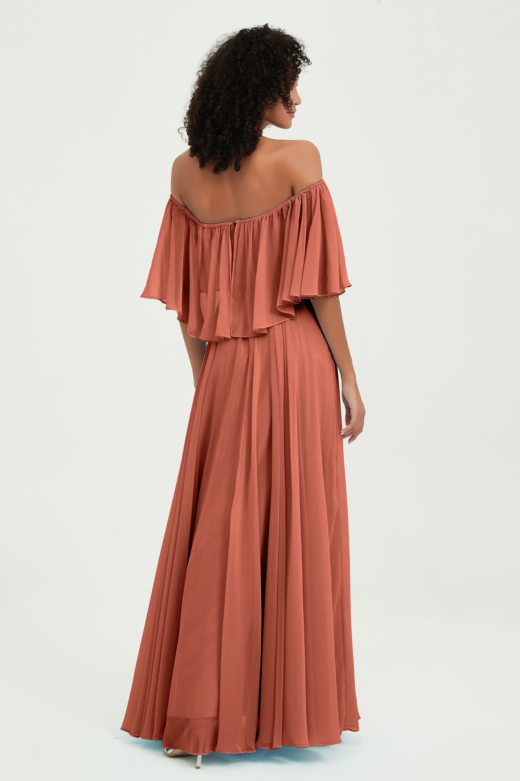 Boho Bridesmaid Dresses Ruffles Flutter Sleeves Formal Evening Dress Chiffon Off the Shoulder Gowns