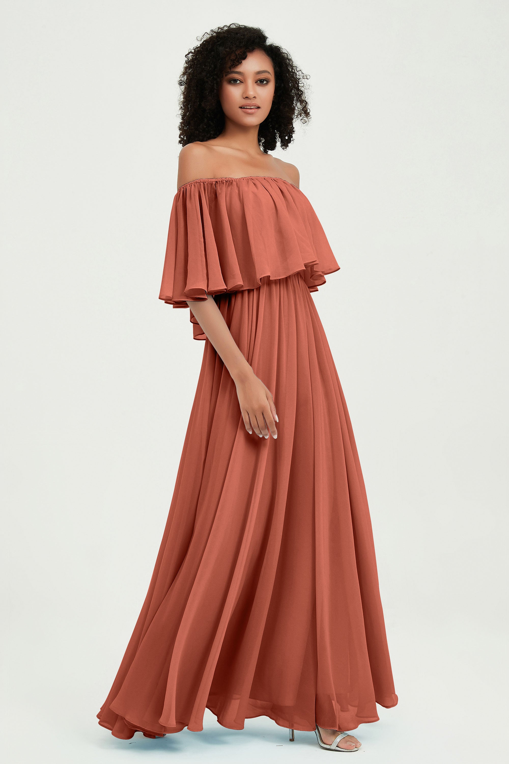 Boho Bridesmaid Dresses Ruffles Flutter Sleeves Formal Evening Dress Chiffon Off the Shoulder Gowns