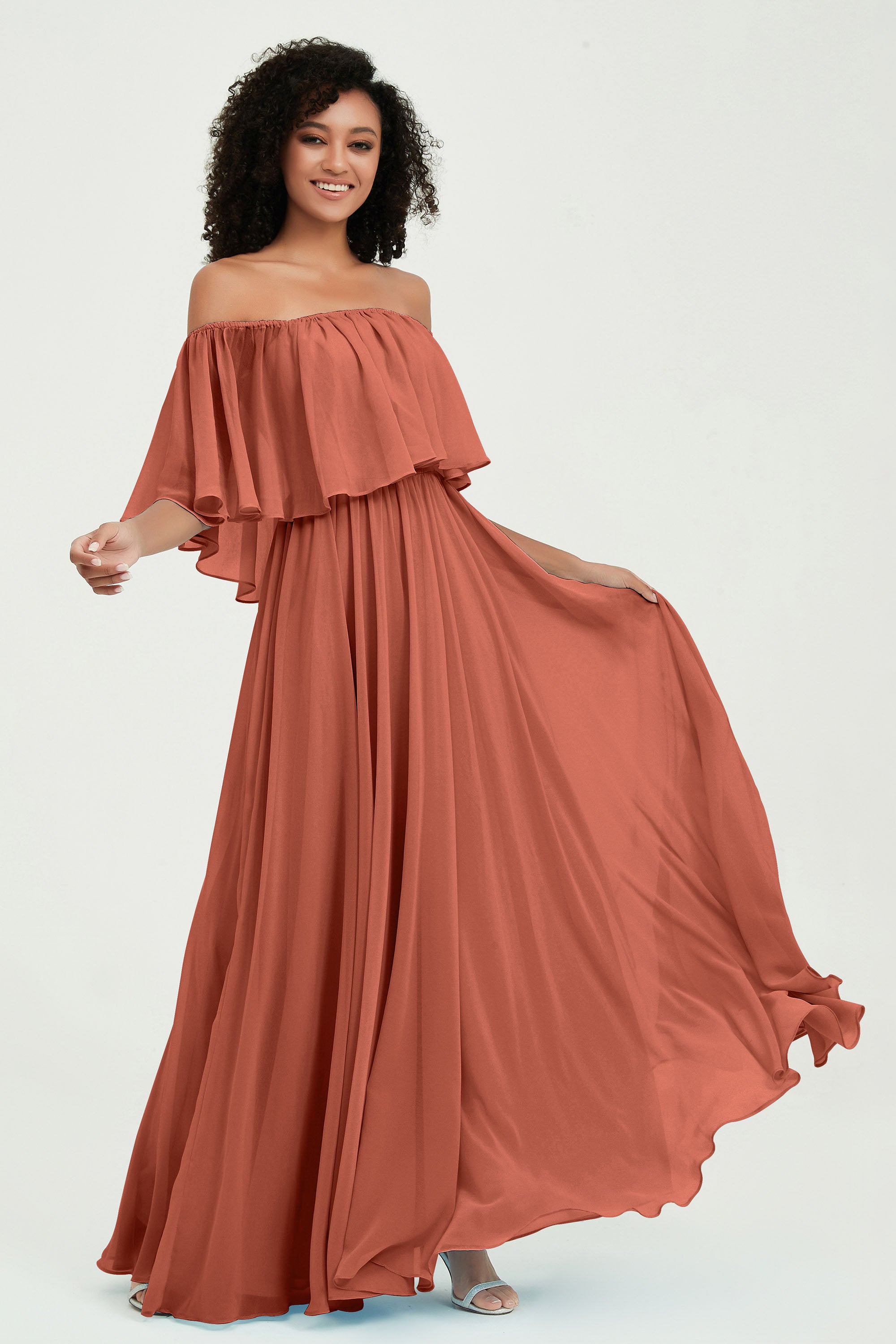 Boho Bridesmaid Dresses Ruffles Flutter Sleeves Formal Evening Dress Chiffon Off the Shoulder Gowns