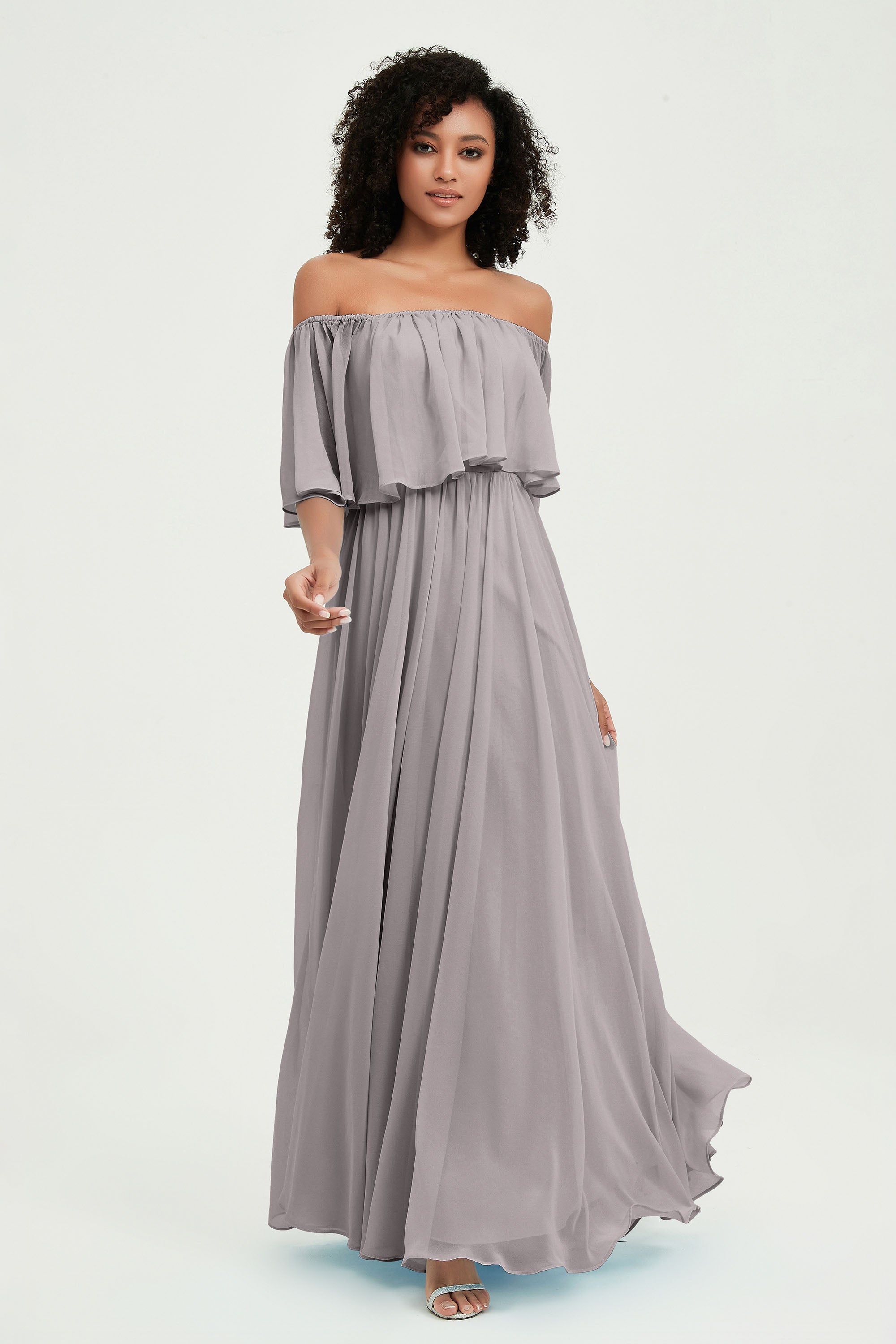 Boho Bridesmaid Dresses Ruffles Flutter Sleeves Formal Evening Dress Chiffon Off the Shoulder Gowns