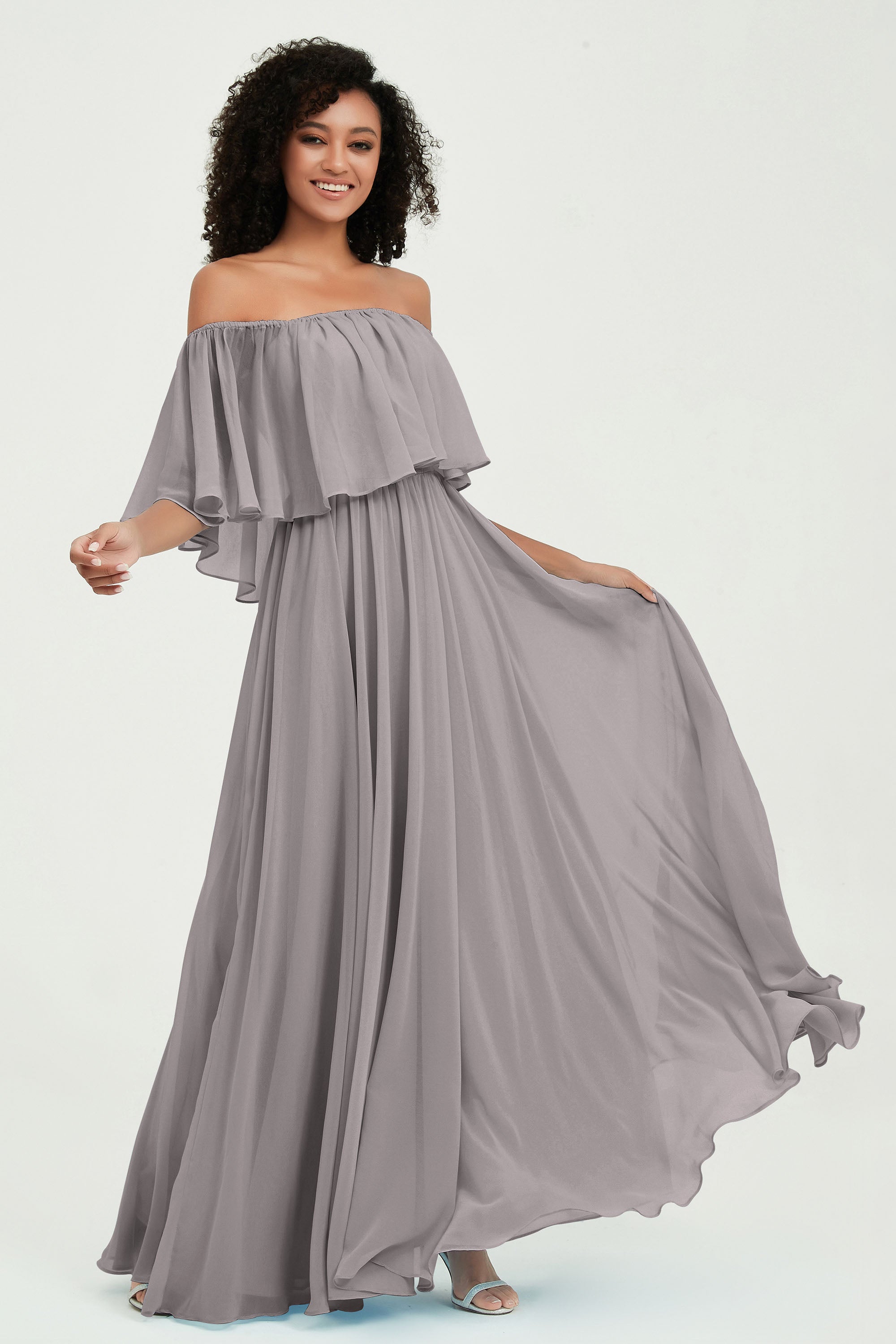 Boho Bridesmaid Dresses Ruffles Flutter Sleeves Formal Evening Dress Chiffon Off the Shoulder Gowns