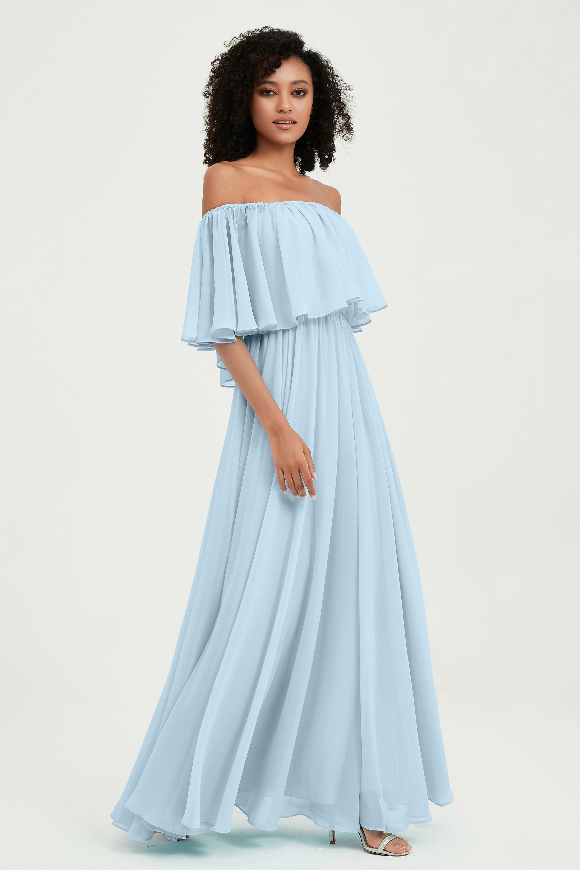 Boho Bridesmaid Dresses Ruffles Flutter Sleeves Formal Evening Dress Chiffon Off the Shoulder Gowns