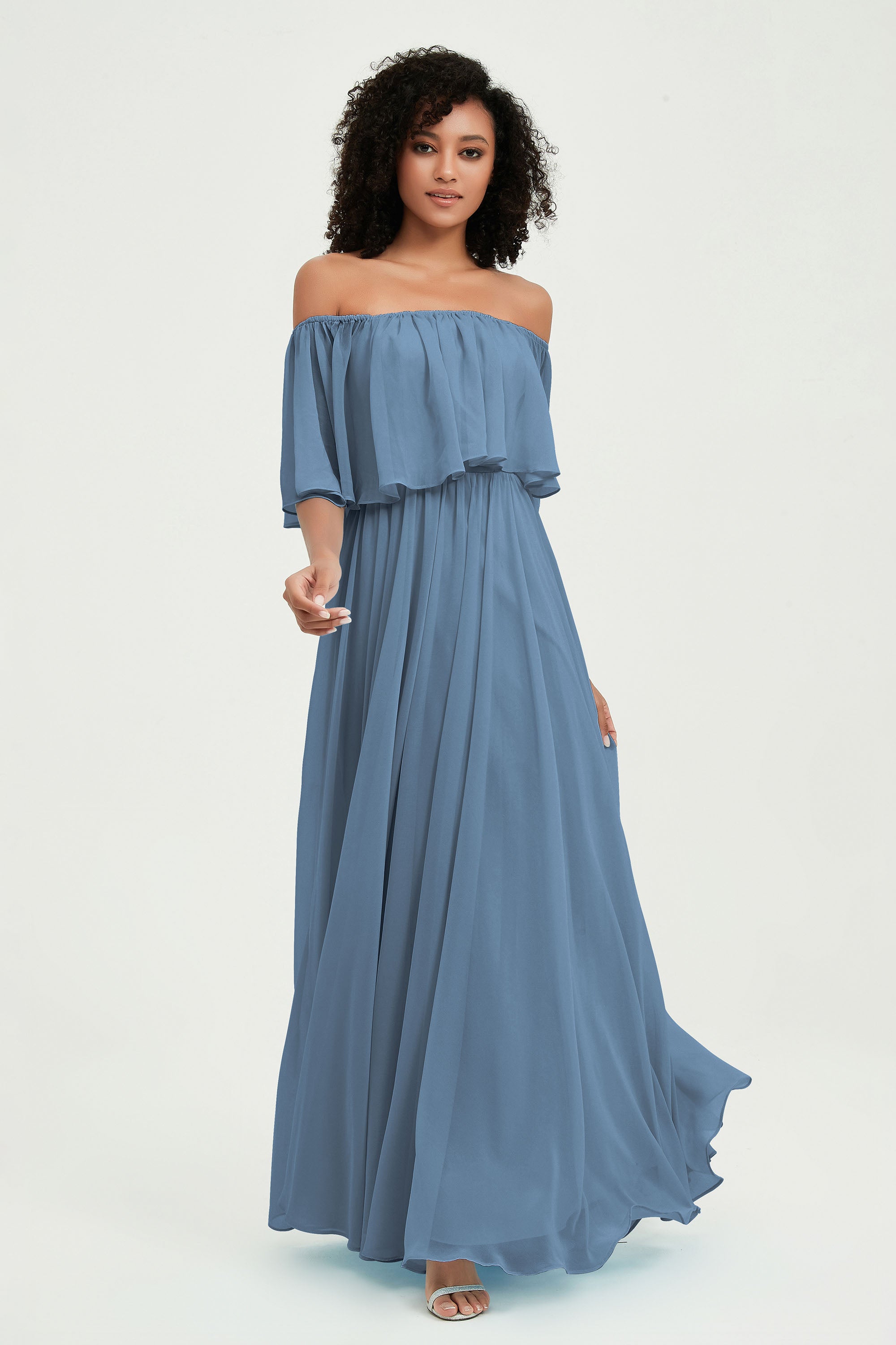 Boho Bridesmaid Dresses Ruffles Flutter Sleeves Formal Evening Dress Chiffon Off the Shoulder Gowns