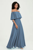 Boho Bridesmaid Dresses Ruffles Flutter Sleeves Formal Evening Dress Chiffon Off the Shoulder Gowns