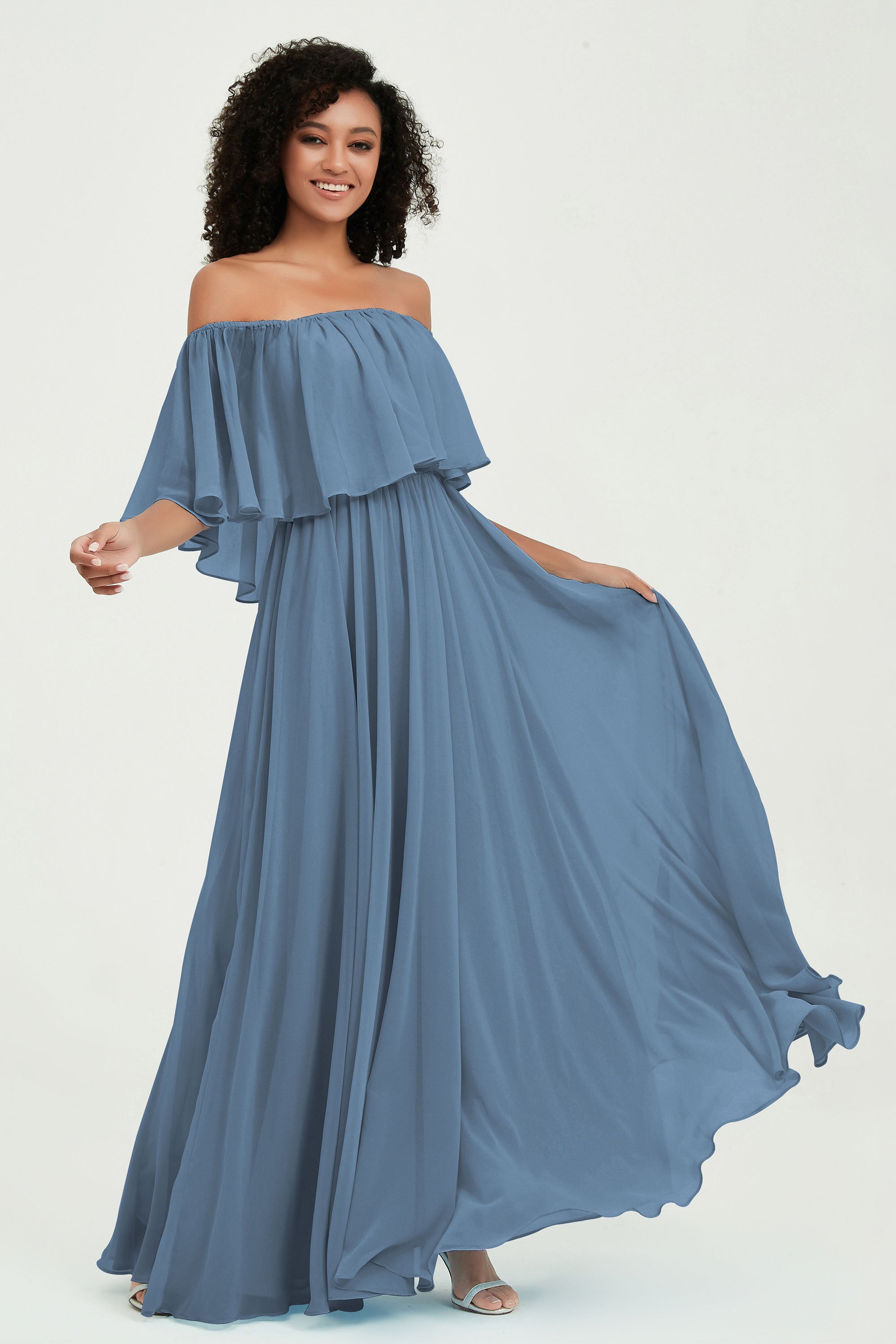 Boho Bridesmaid Dresses Ruffles Flutter Sleeves Formal Evening Dress Chiffon Off the Shoulder Gowns