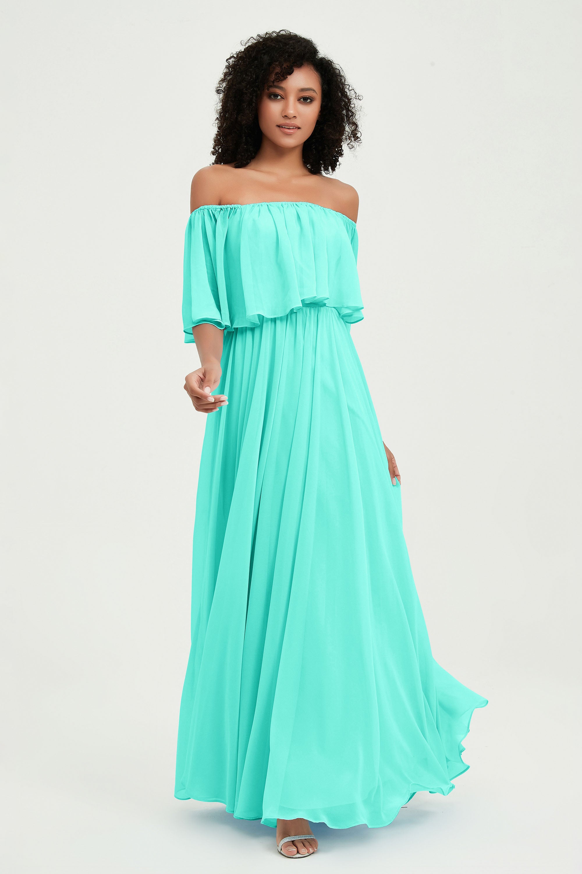 Boho Bridesmaid Dresses Ruffles Flutter Sleeves Formal Evening Dress Chiffon Off the Shoulder Gowns
