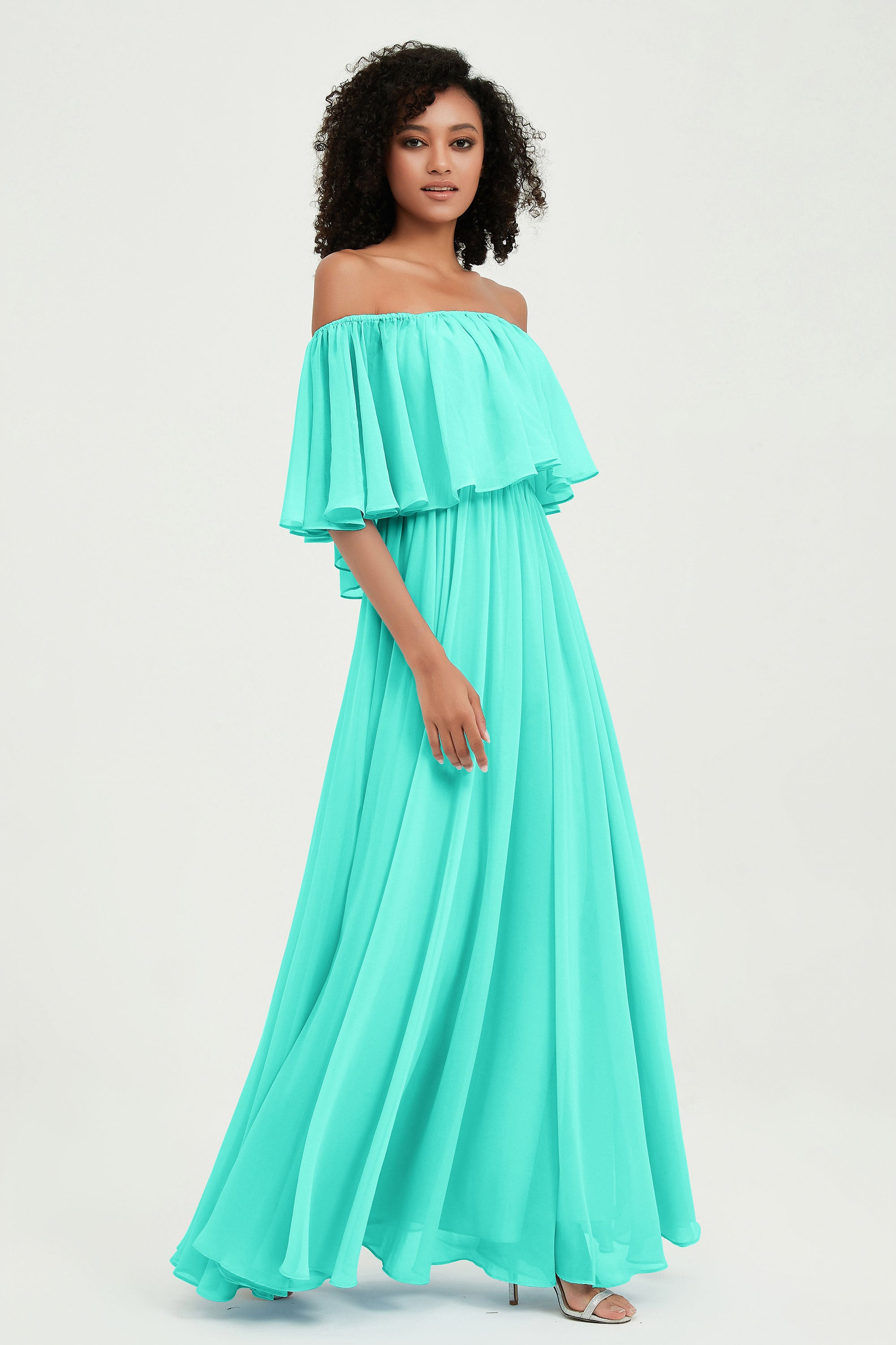 Boho Bridesmaid Dresses Ruffles Flutter Sleeves Formal Evening Dress Chiffon Off the Shoulder Gowns
