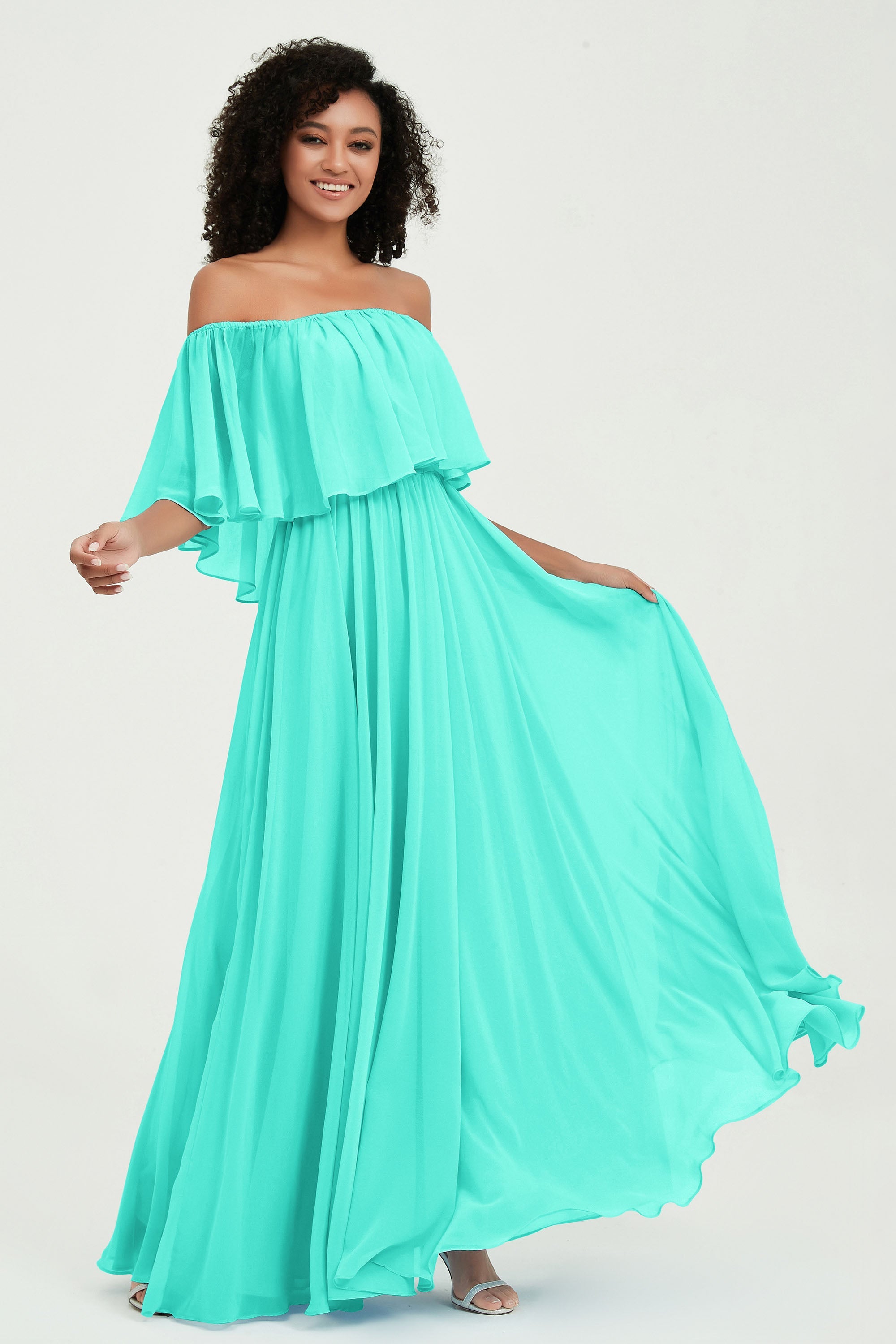 Boho Bridesmaid Dresses Ruffles Flutter Sleeves Formal Evening Dress Chiffon Off the Shoulder Gowns