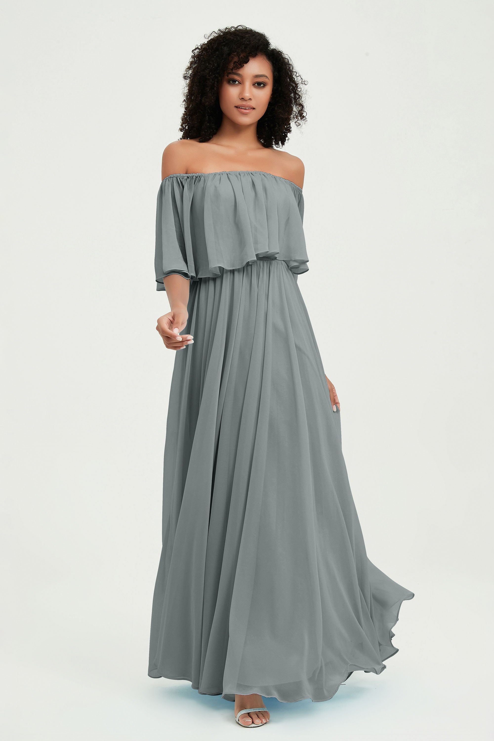 Boho Bridesmaid Dresses Ruffles Flutter Sleeves Formal Evening Dress Chiffon Off the Shoulder Gowns