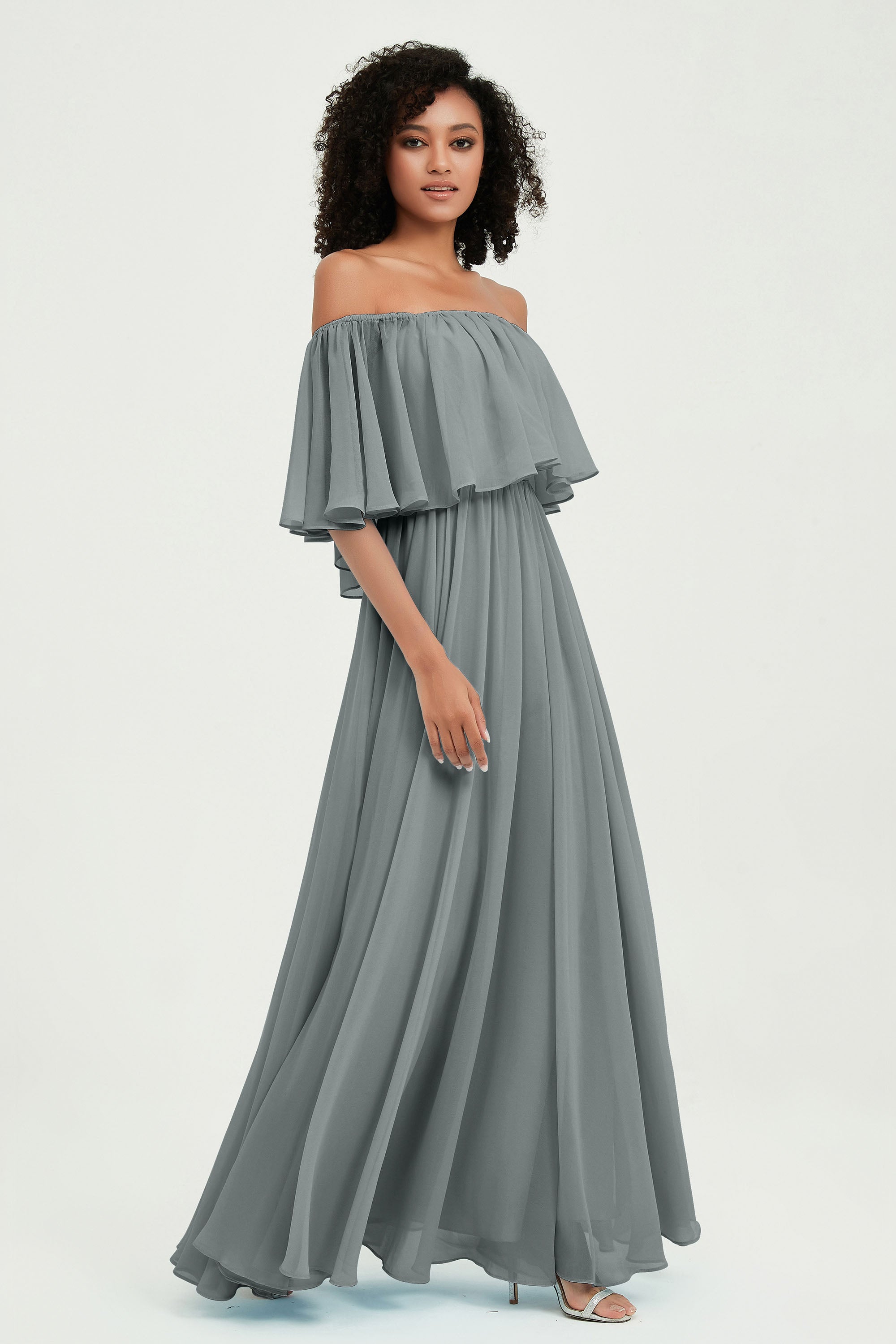 Boho Bridesmaid Dresses Ruffles Flutter Sleeves Formal Evening Dress Chiffon Off the Shoulder Gowns