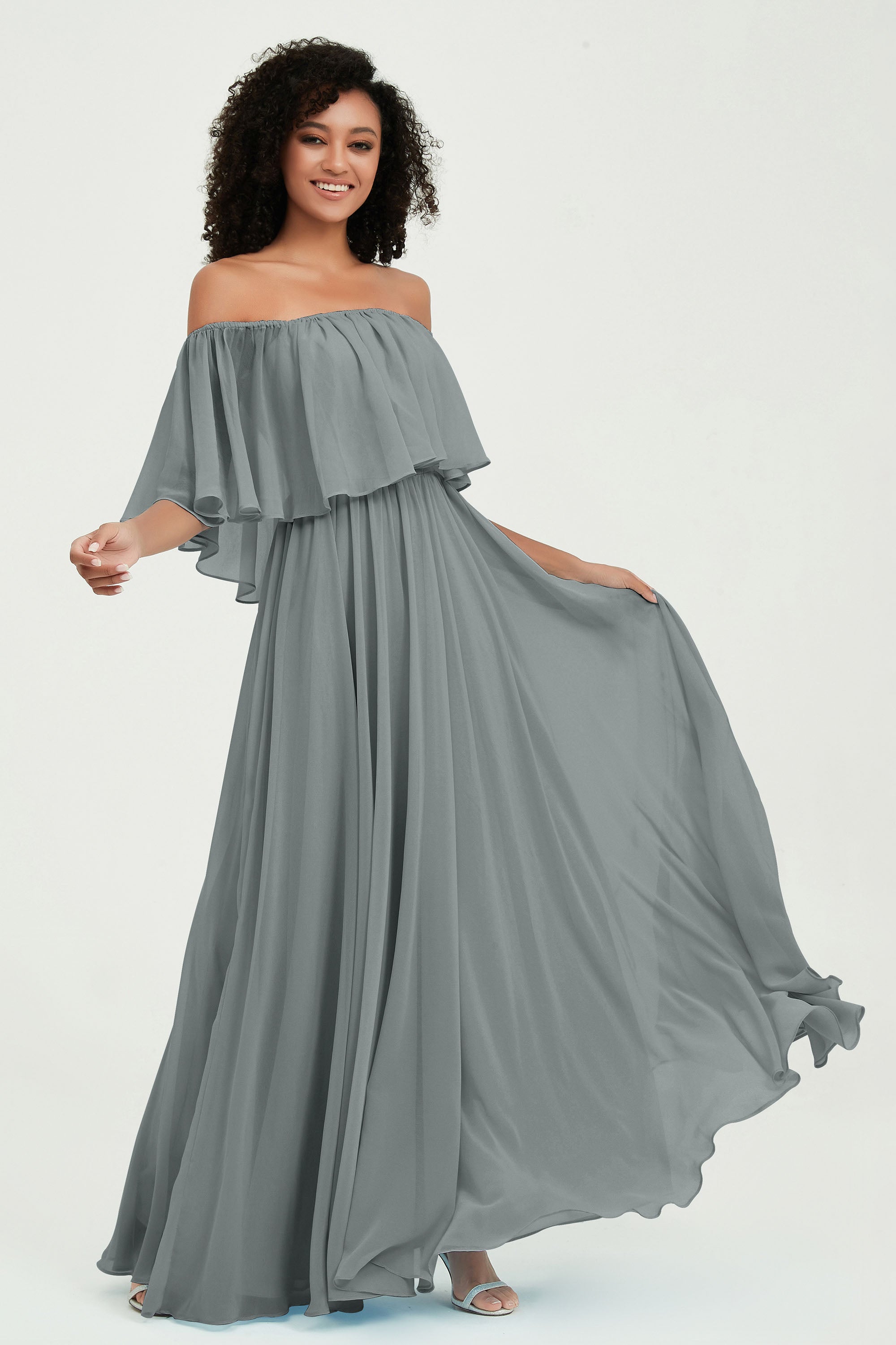 Boho Bridesmaid Dresses Ruffles Flutter Sleeves Formal Evening Dress Chiffon Off the Shoulder Gowns