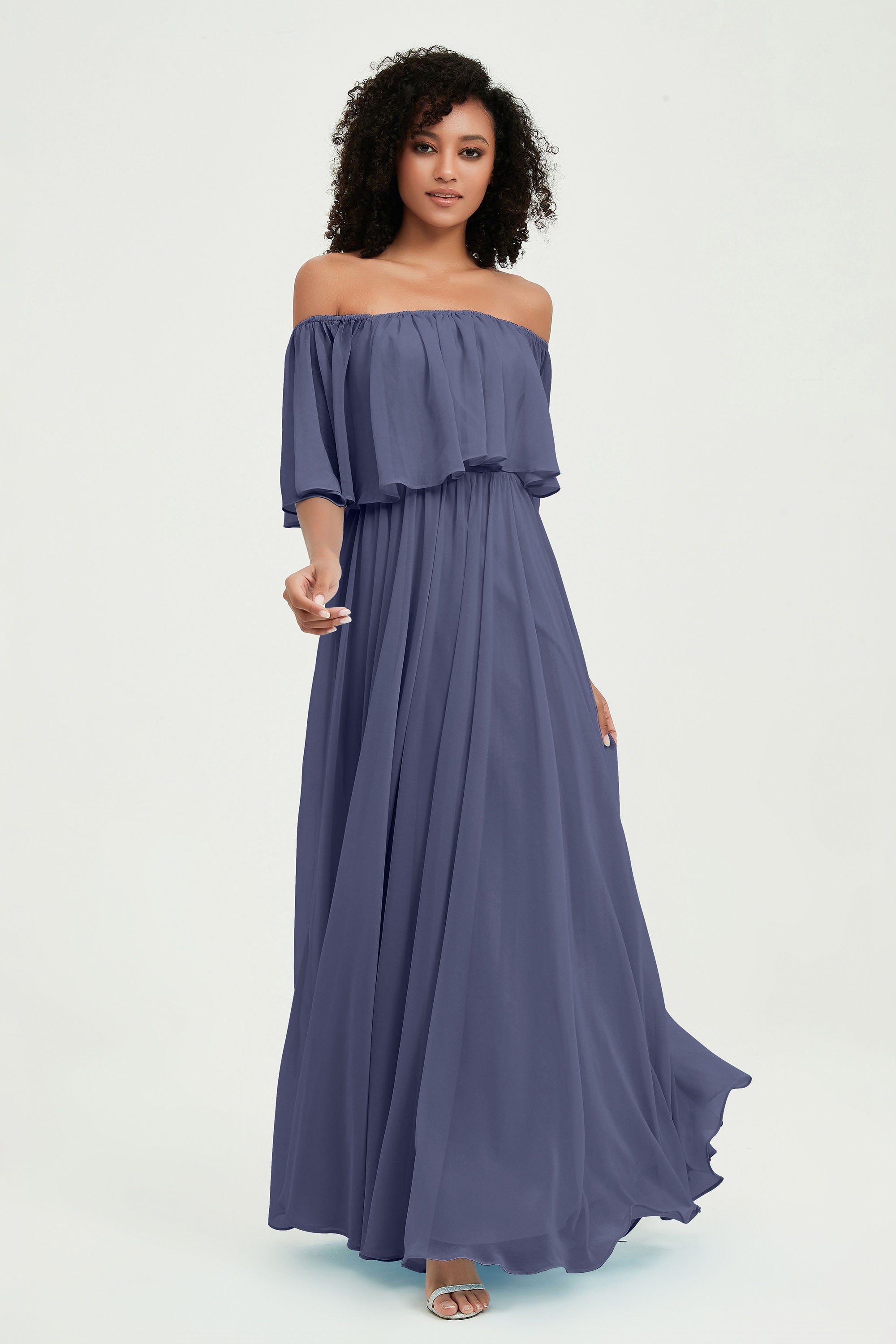 Boho Bridesmaid Dresses Ruffles Flutter Sleeves Formal Evening Dress Chiffon Off the Shoulder Gowns