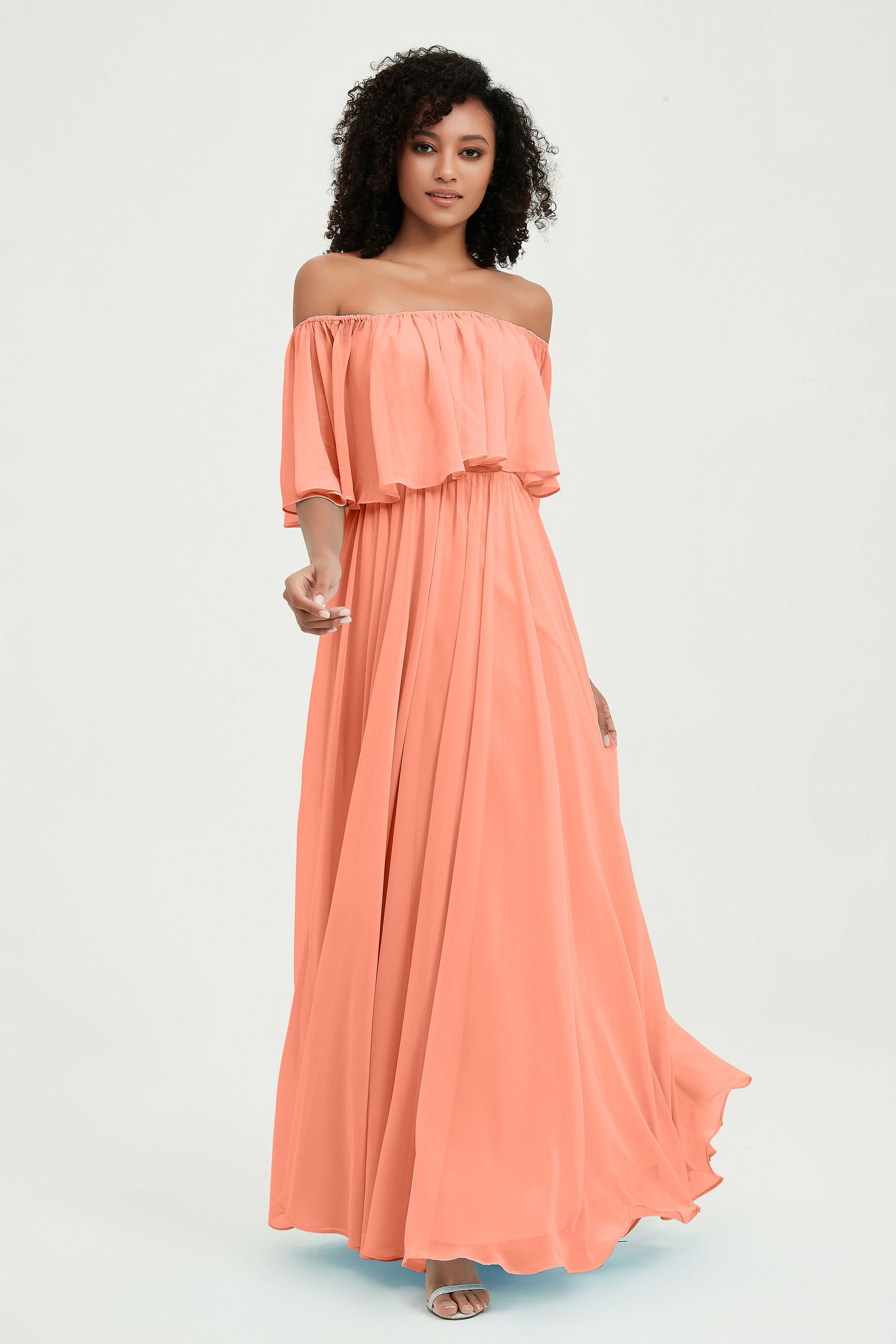 Boho Bridesmaid Dresses Ruffles Flutter Sleeves Formal Evening Dress Chiffon Off the Shoulder Gowns