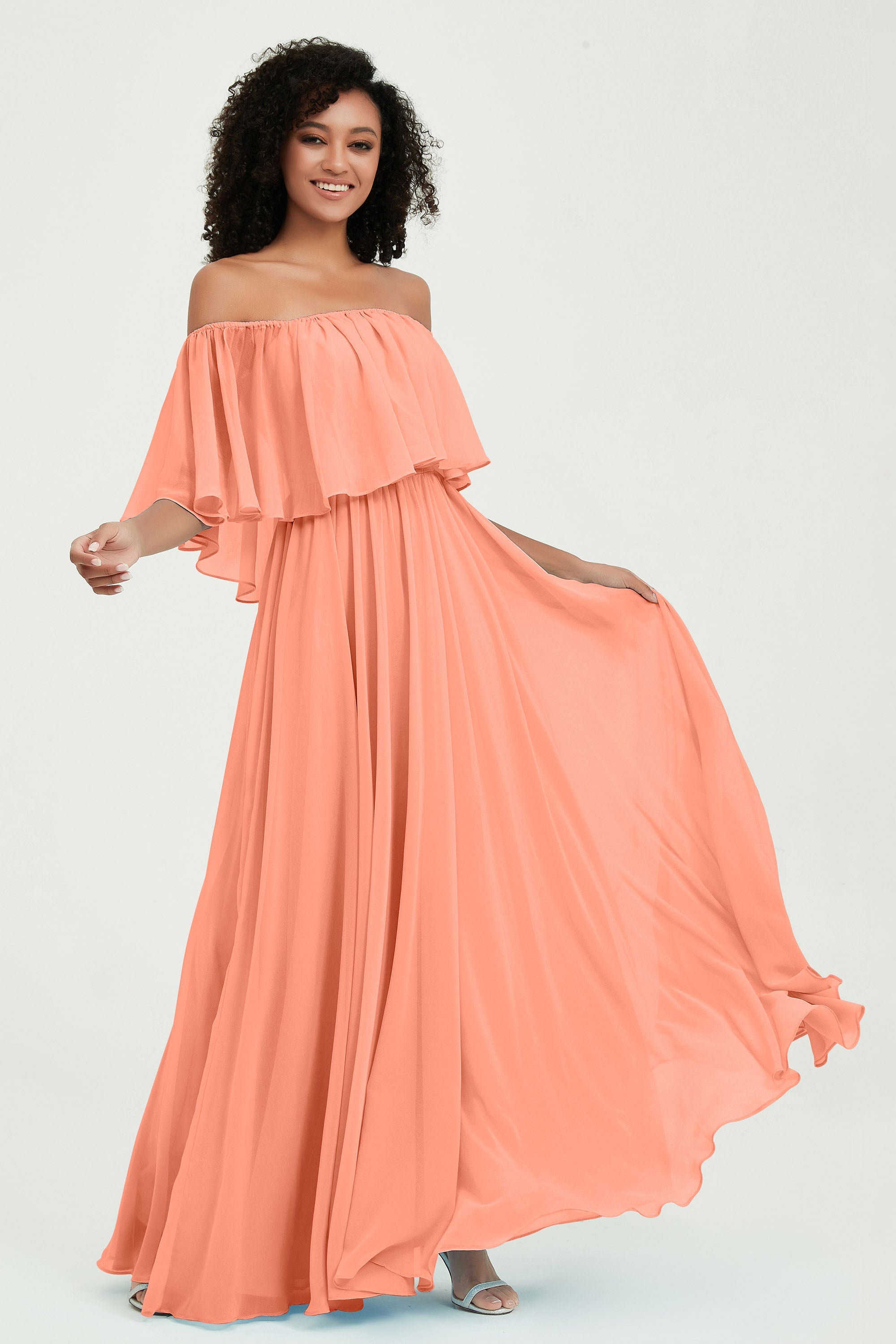 Boho Bridesmaid Dresses Ruffles Flutter Sleeves Formal Evening Dress Chiffon Off the Shoulder Gowns