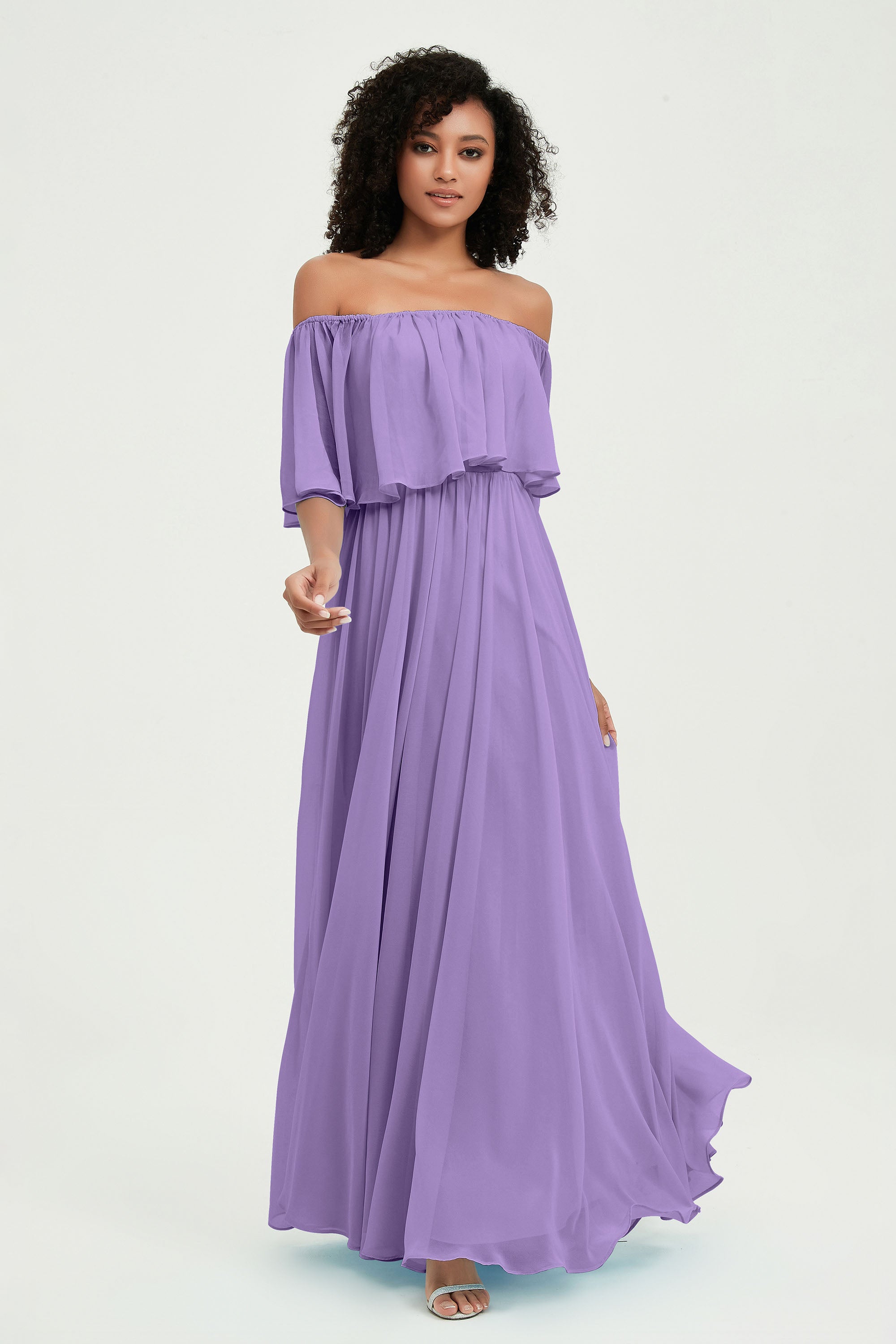Boho Bridesmaid Dresses Ruffles Flutter Sleeves Formal Evening Dress Chiffon Off the Shoulder Gowns