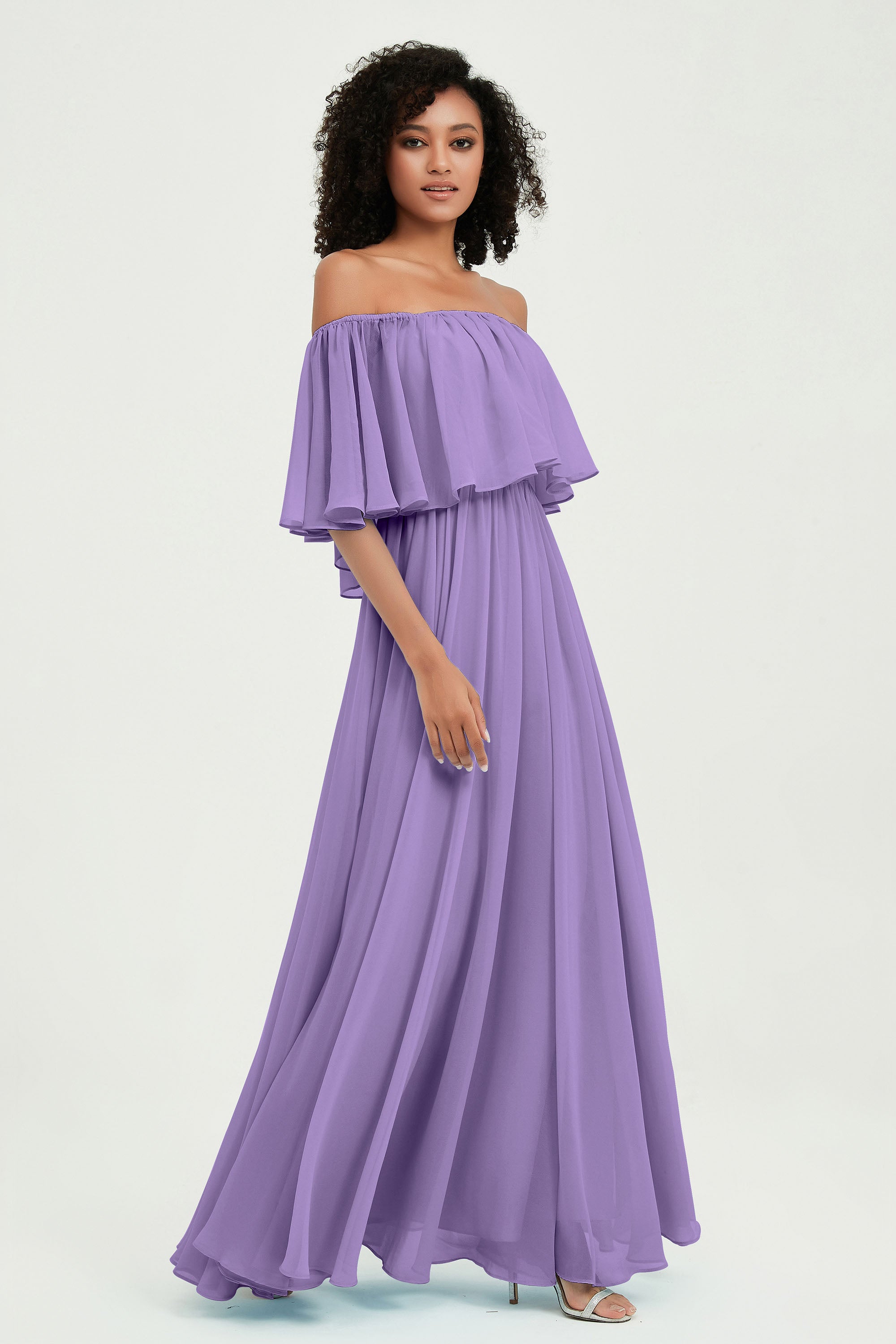 Boho Bridesmaid Dresses Ruffles Flutter Sleeves Formal Evening Dress Chiffon Off the Shoulder Gowns
