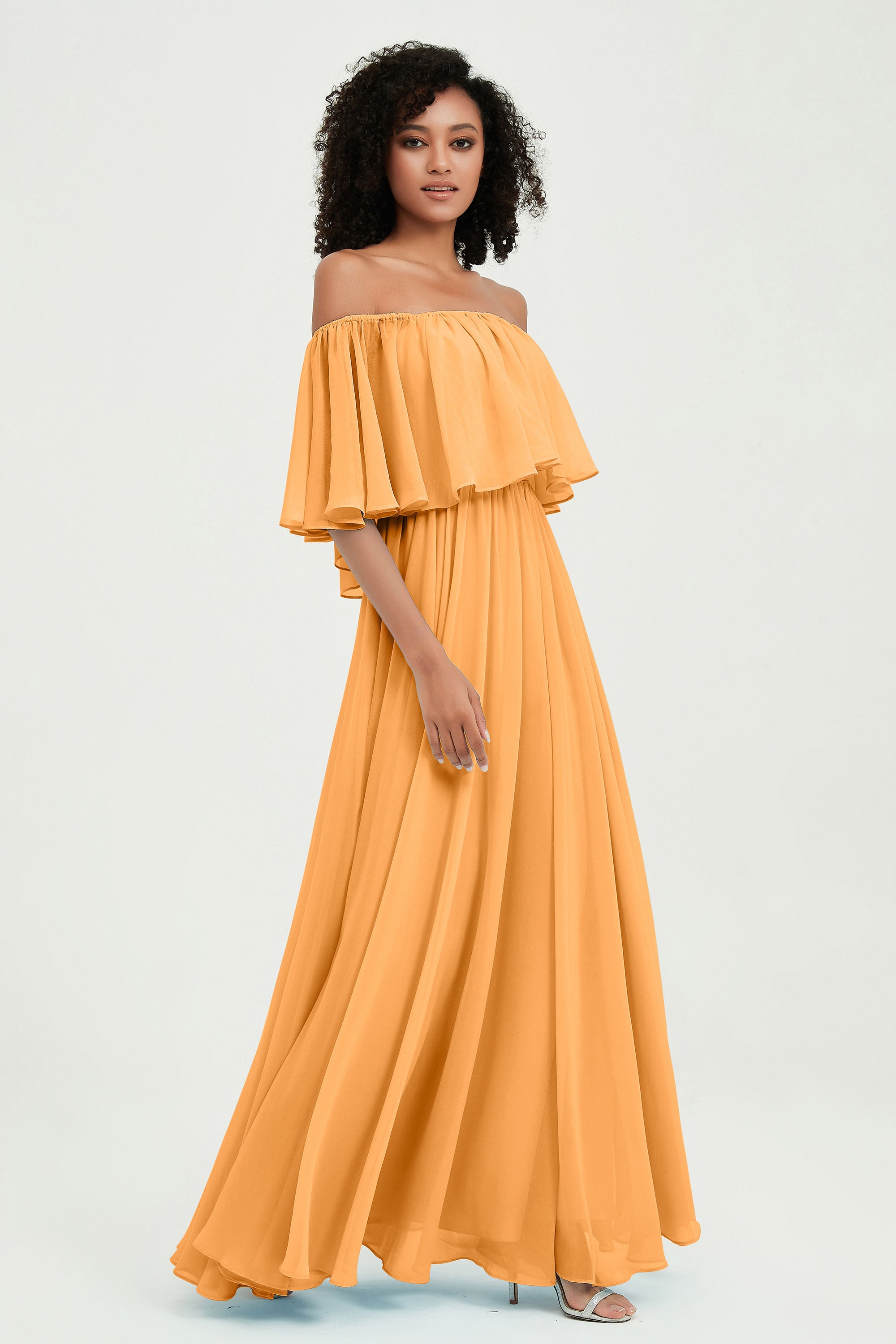 Boho Bridesmaid Dresses Ruffles Flutter Sleeves Formal Evening Dress Chiffon Off the Shoulder Gowns