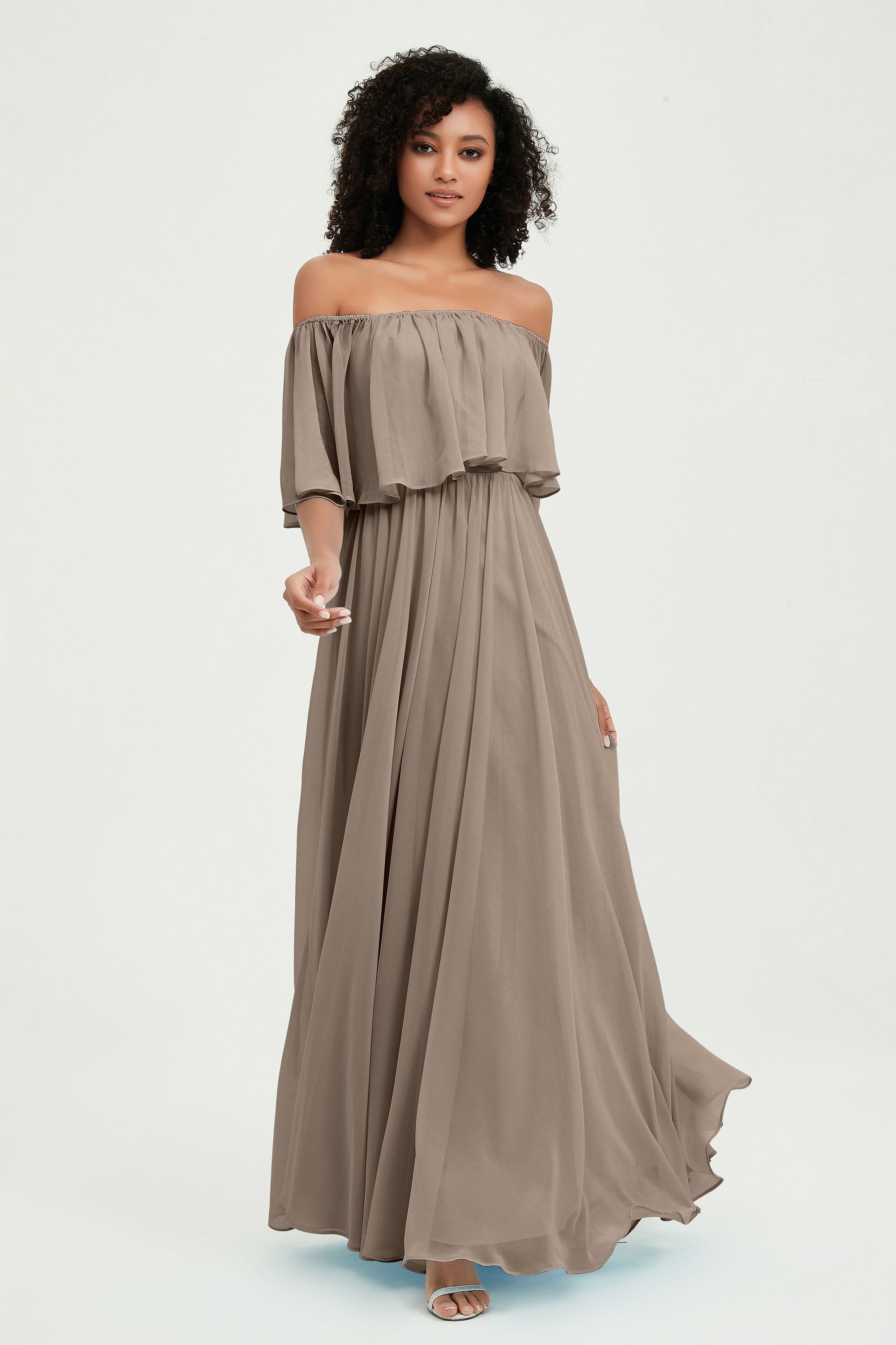 Boho Bridesmaid Dresses Ruffles Flutter Sleeves Formal Evening Dress Chiffon Off the Shoulder Gowns