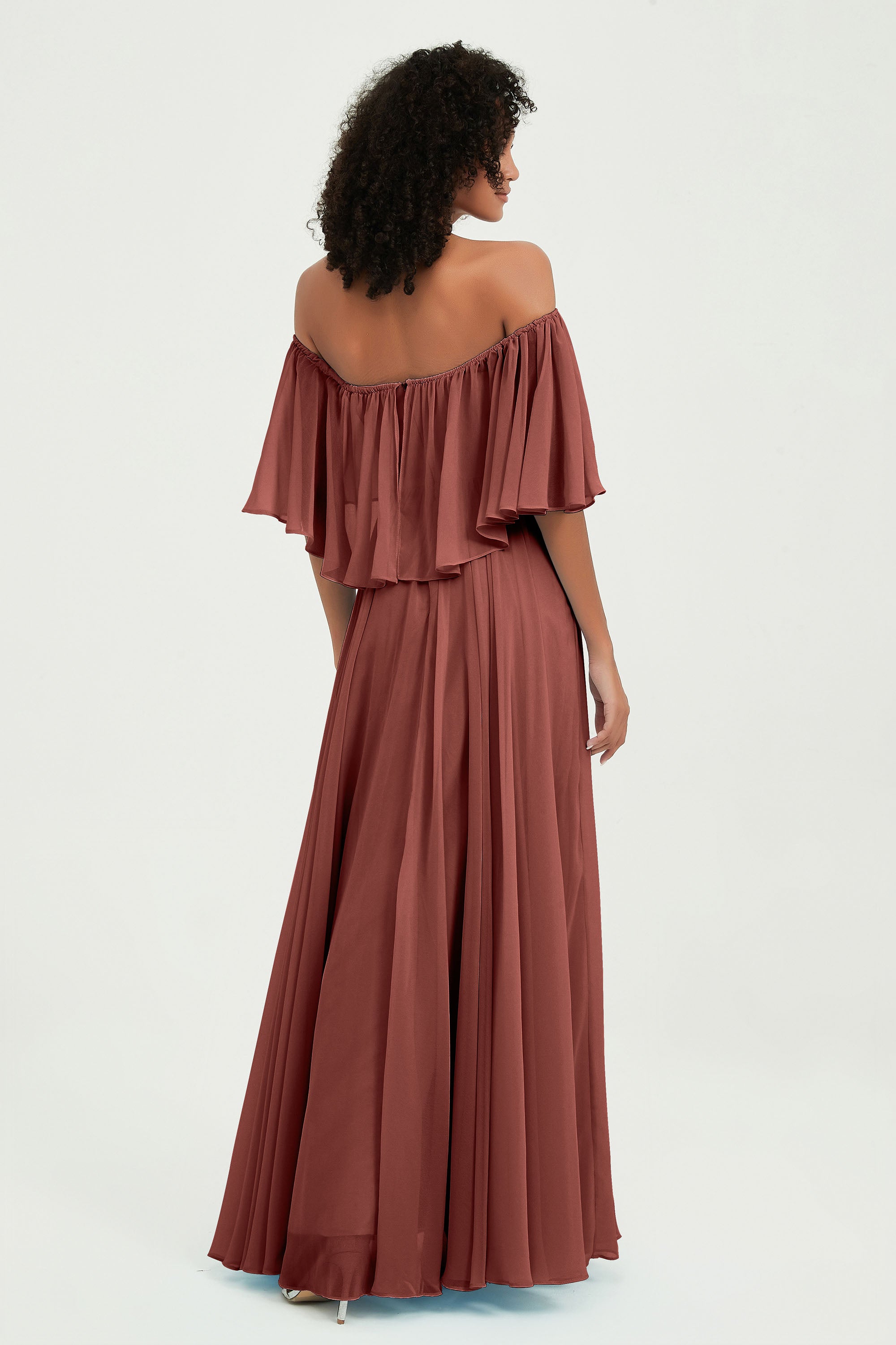 Boho Bridesmaid Dresses Ruffles Flutter Sleeves Formal Evening Dress Chiffon Off the Shoulder Gowns