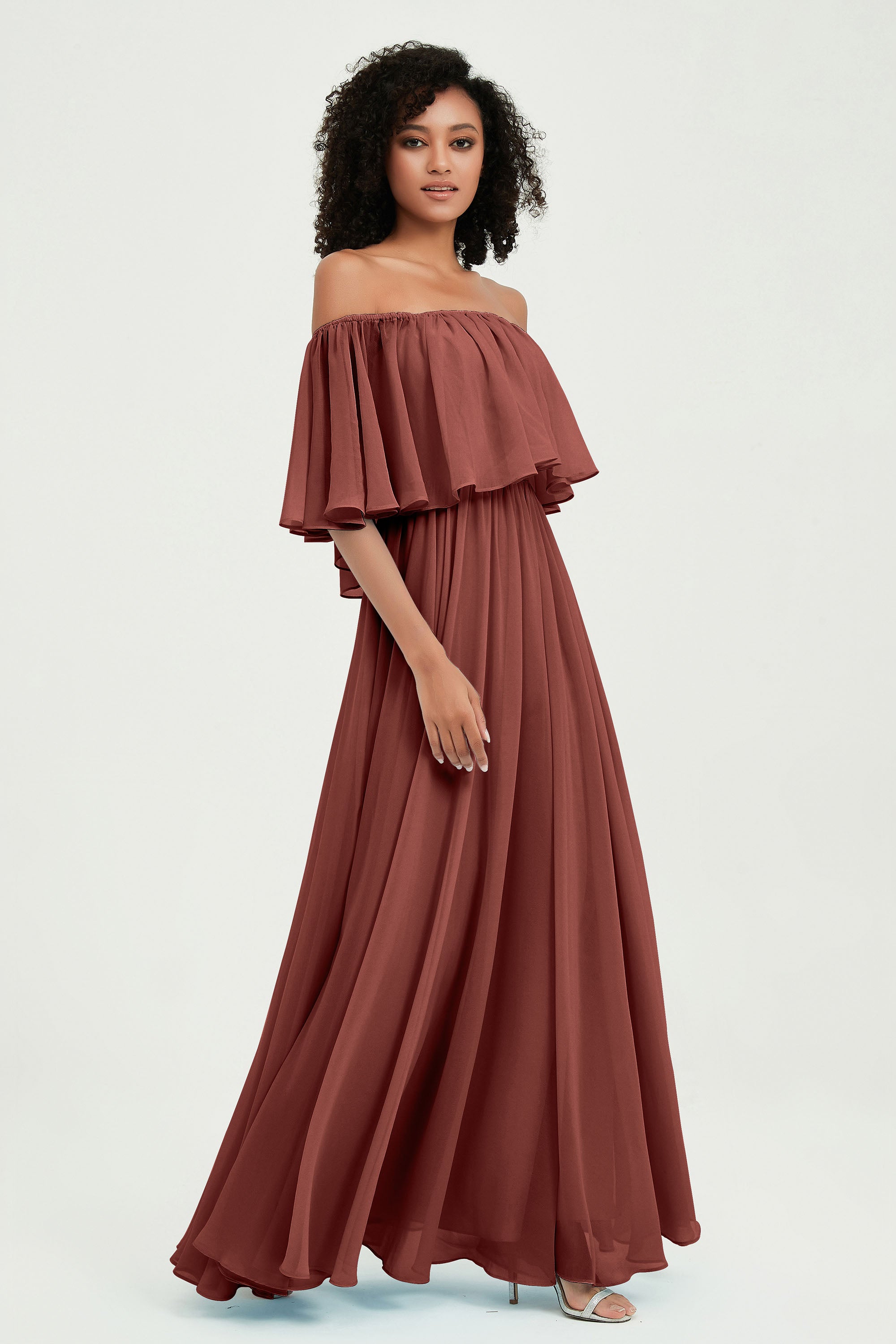 Boho Bridesmaid Dresses Ruffles Flutter Sleeves Formal Evening Dress Chiffon Off the Shoulder Gowns