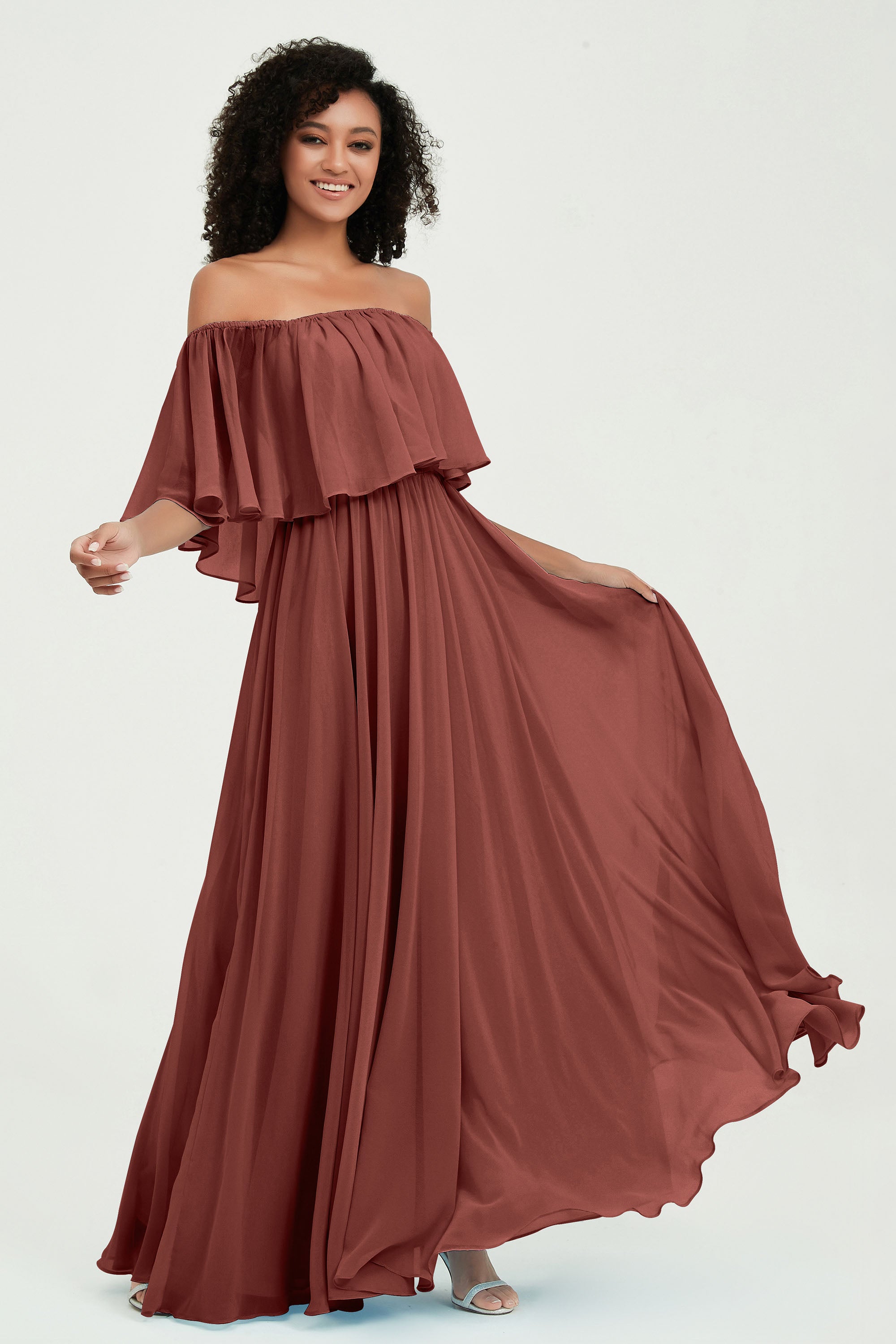 Boho Bridesmaid Dresses Ruffles Flutter Sleeves Formal Evening Dress Chiffon Off the Shoulder Gowns