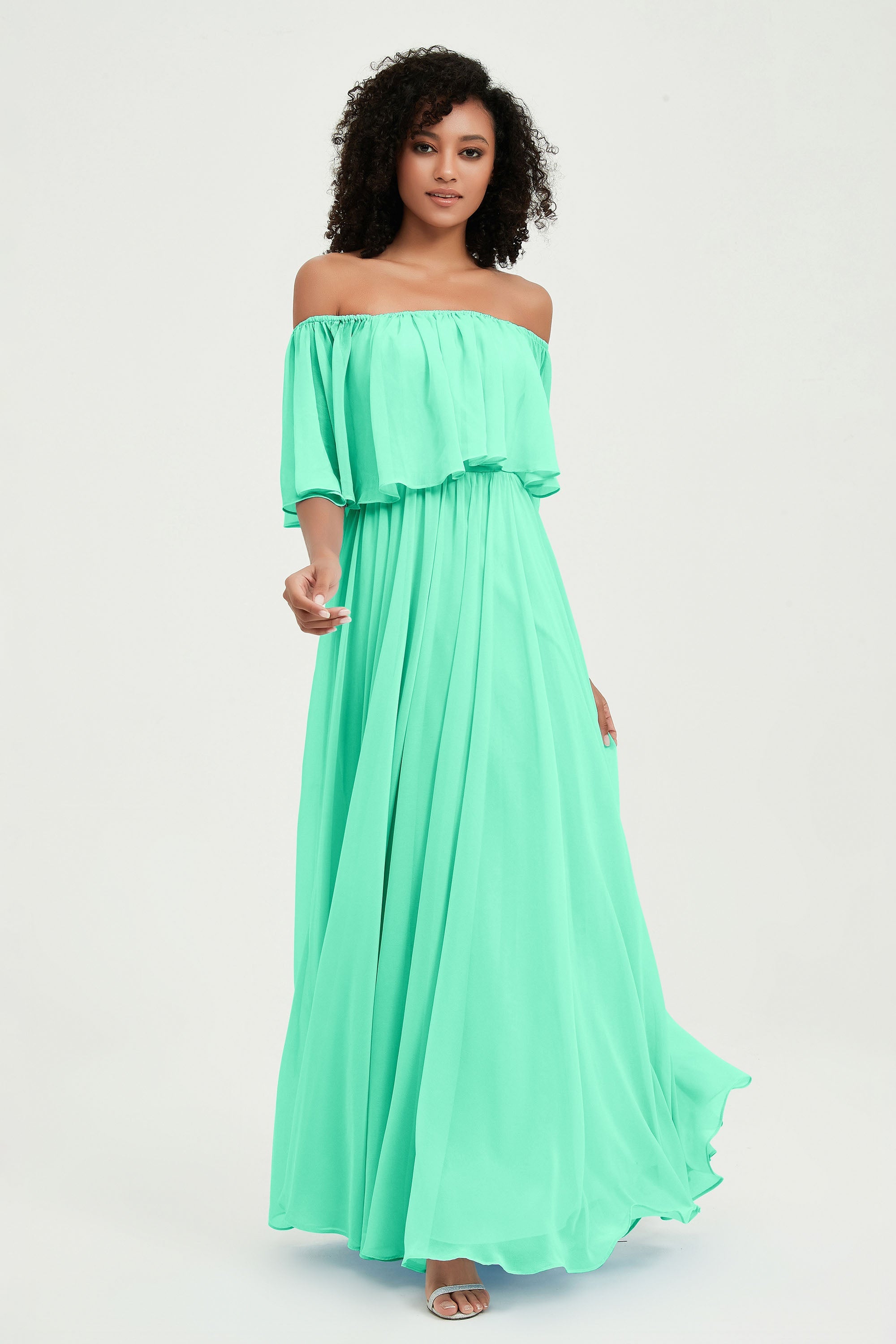 Boho Bridesmaid Dresses Ruffles Flutter Sleeves Formal Evening Dress Chiffon Off the Shoulder Gowns