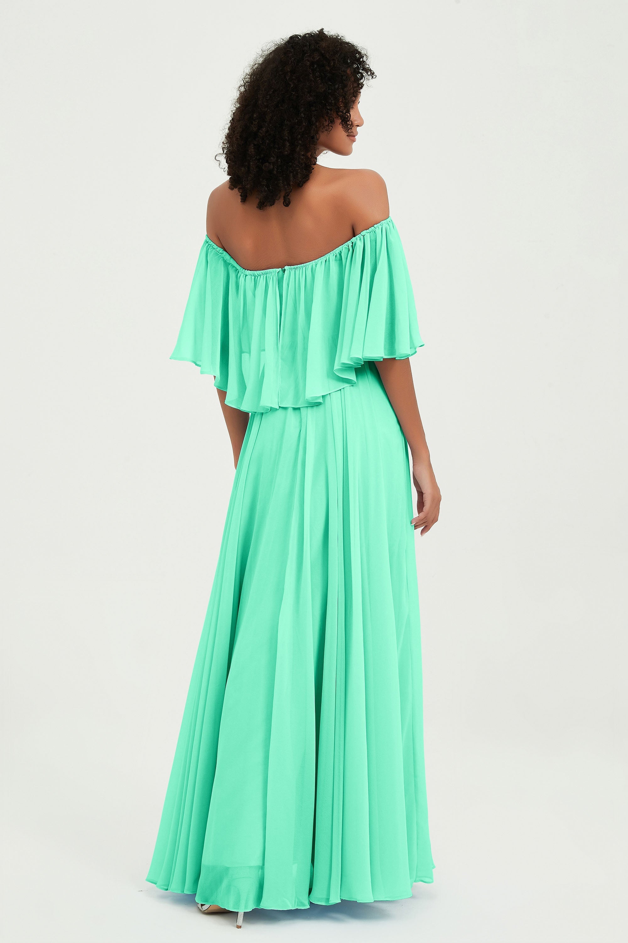 Boho Bridesmaid Dresses Ruffles Flutter Sleeves Formal Evening Dress Chiffon Off the Shoulder Gowns