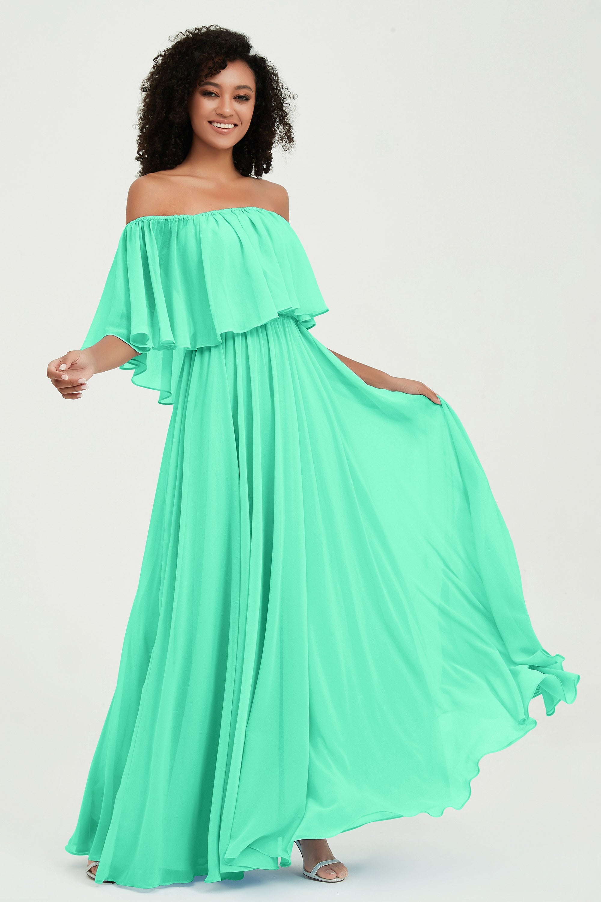 Boho Bridesmaid Dresses Ruffles Flutter Sleeves Formal Evening Dress Chiffon Off the Shoulder Gowns