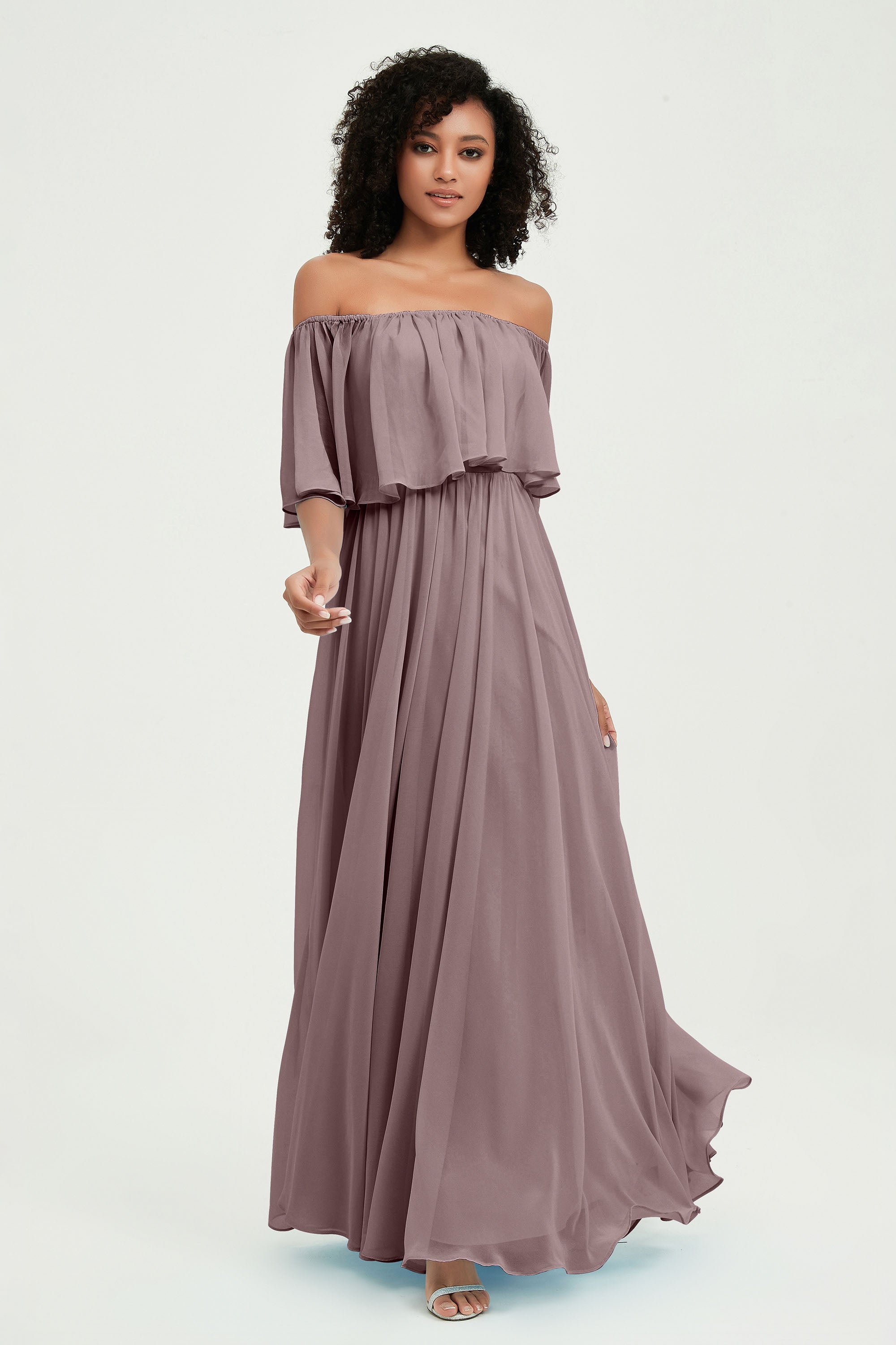 Boho Bridesmaid Dresses Ruffles Flutter Sleeves Formal Evening Dress Chiffon Off the Shoulder Gowns