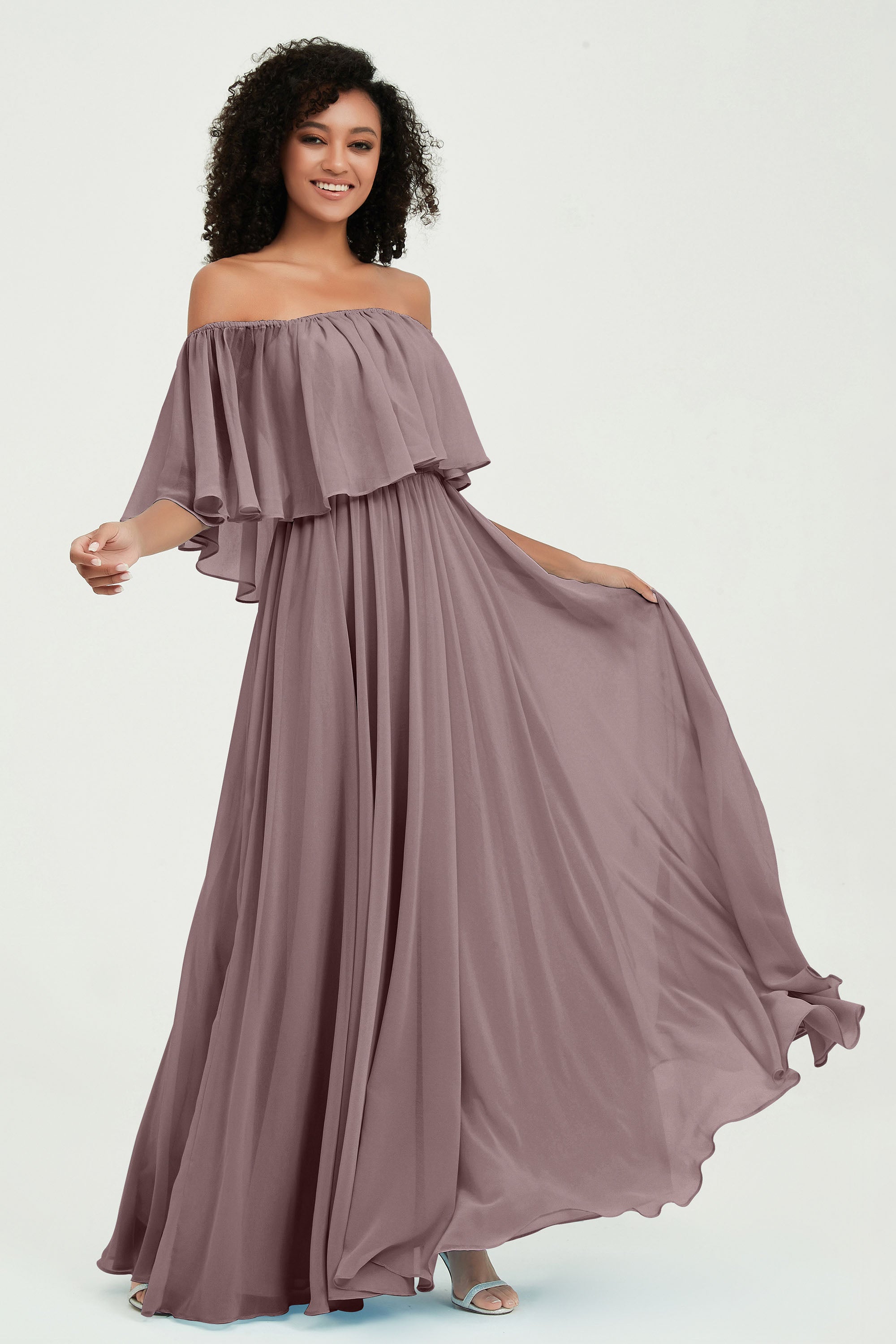 Boho Bridesmaid Dresses Ruffles Flutter Sleeves Formal Evening Dress Chiffon Off the Shoulder Gowns