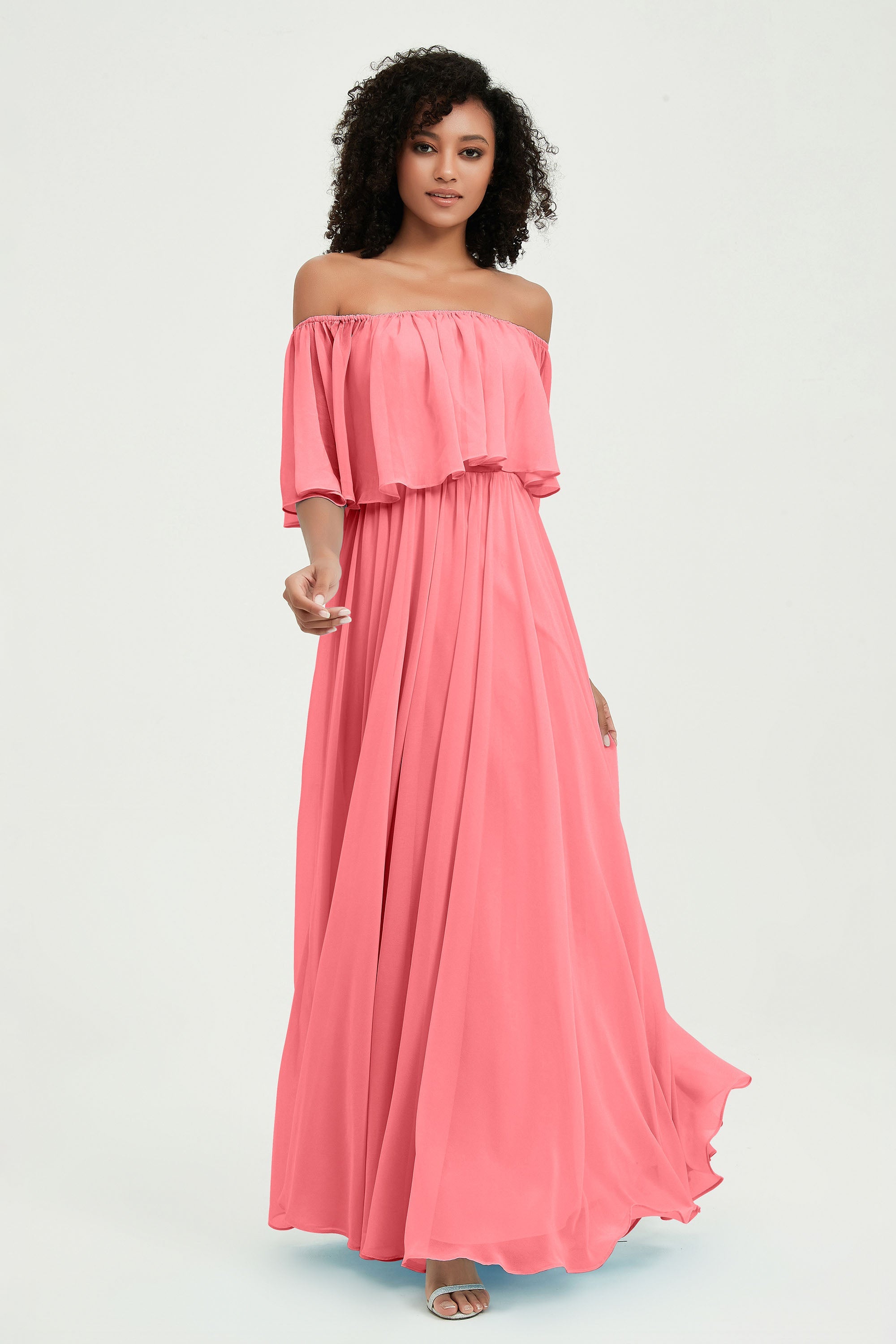 Boho Bridesmaid Dresses Ruffles Flutter Sleeves Formal Evening Dress Chiffon Off the Shoulder Gowns