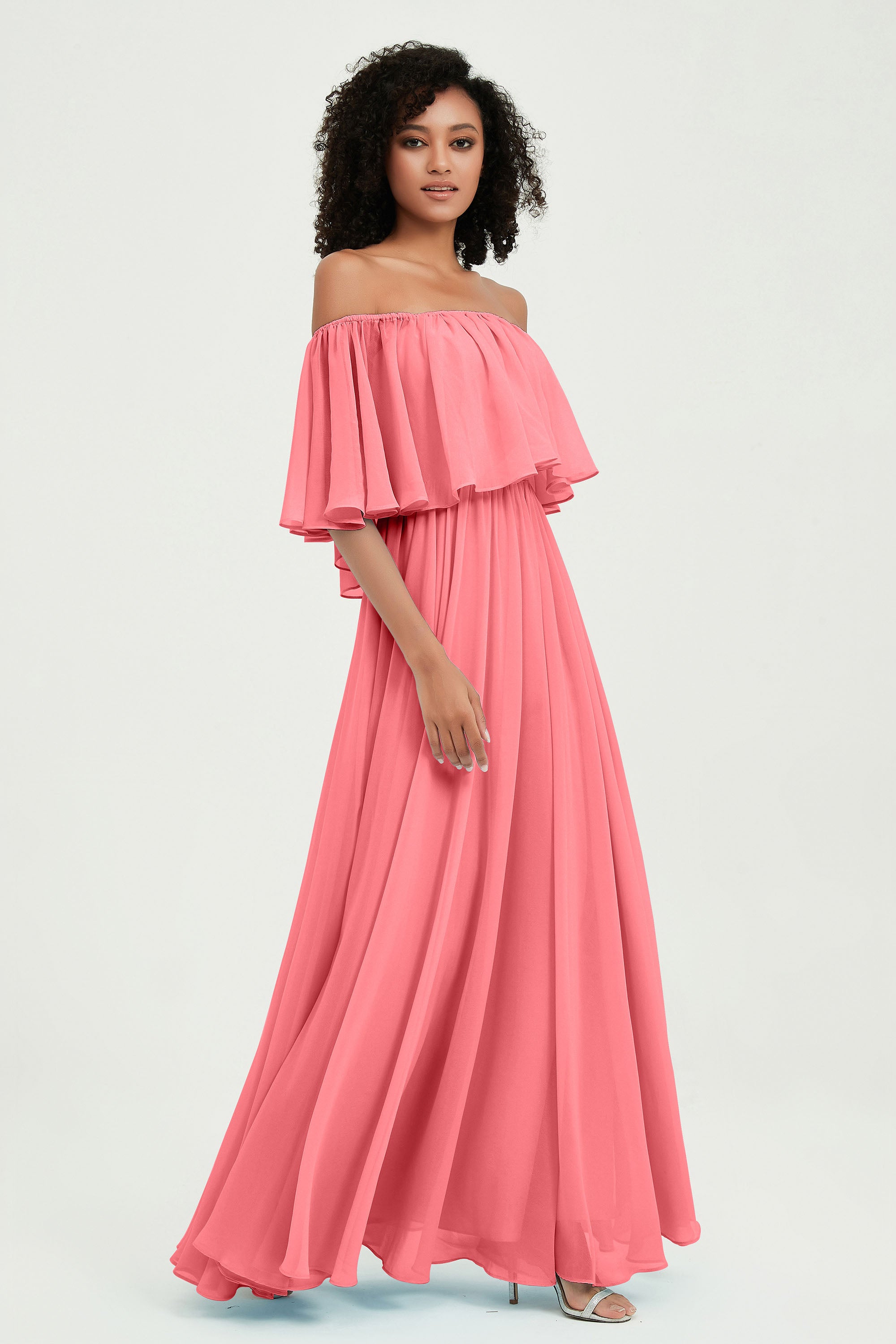 Boho Bridesmaid Dresses Ruffles Flutter Sleeves Formal Evening Dress Chiffon Off the Shoulder Gowns