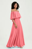 Boho Bridesmaid Dresses Ruffles Flutter Sleeves Formal Evening Dress Chiffon Off the Shoulder Gowns