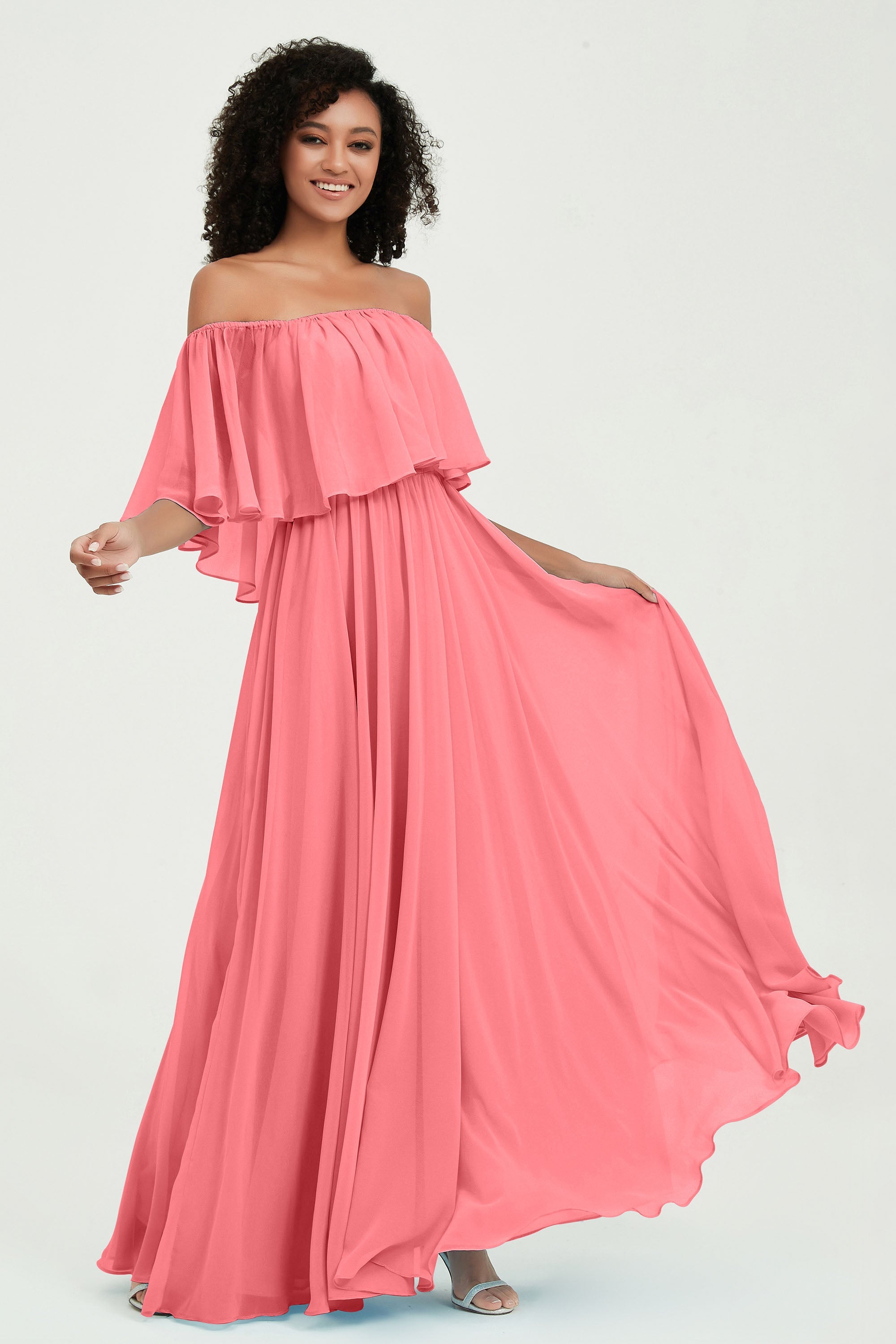 Boho Bridesmaid Dresses Ruffles Flutter Sleeves Formal Evening Dress Chiffon Off the Shoulder Gowns
