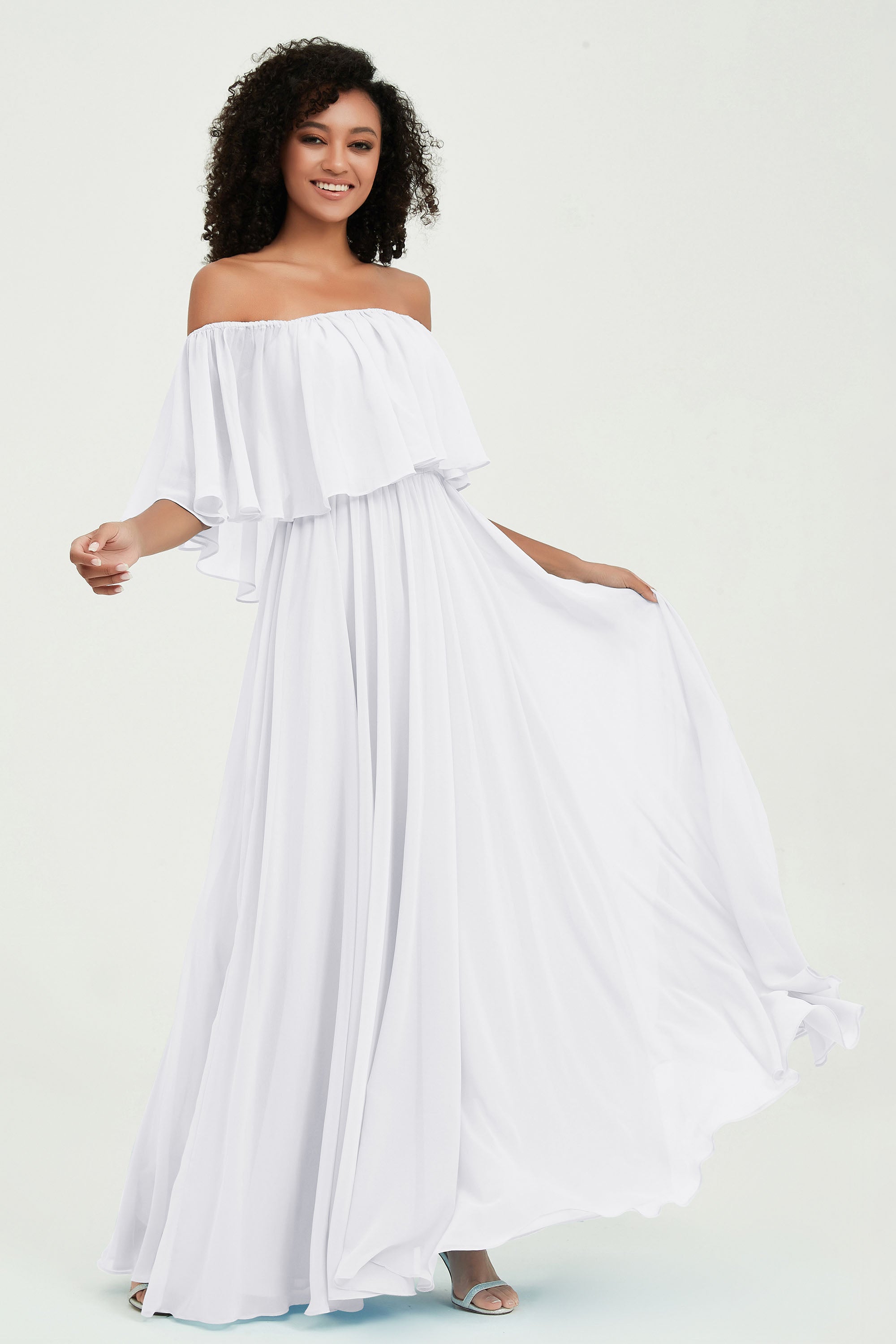 Boho Bridesmaid Dresses Ruffles Flutter Sleeves Formal Evening Dress Chiffon Off the Shoulder Gowns