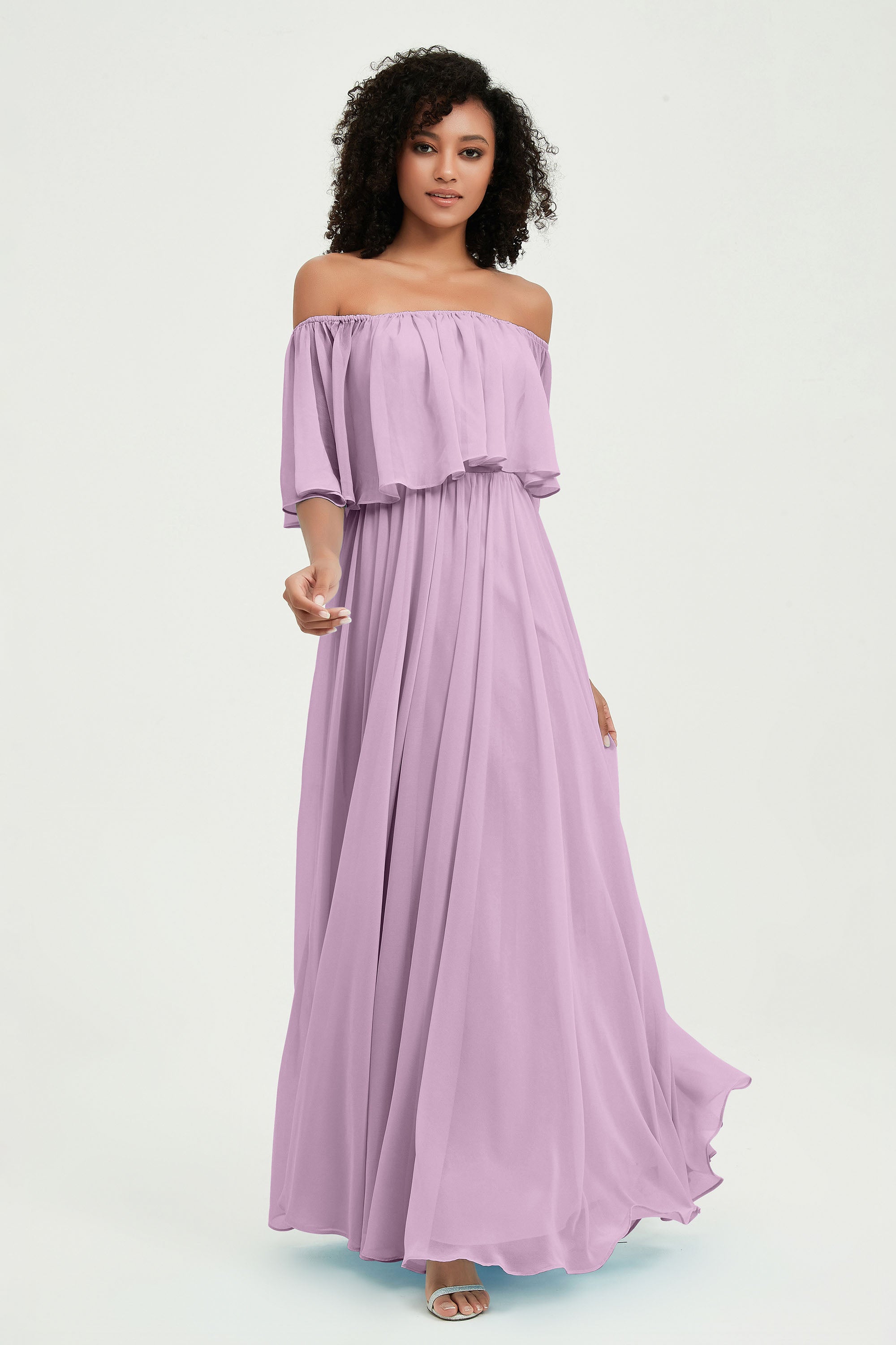 Boho Bridesmaid Dresses Ruffles Flutter Sleeves Formal Evening Dress Chiffon Off the Shoulder Gowns