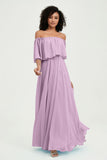 Boho Bridesmaid Dresses Ruffles Flutter Sleeves Formal Evening Dress Chiffon Off the Shoulder Gowns