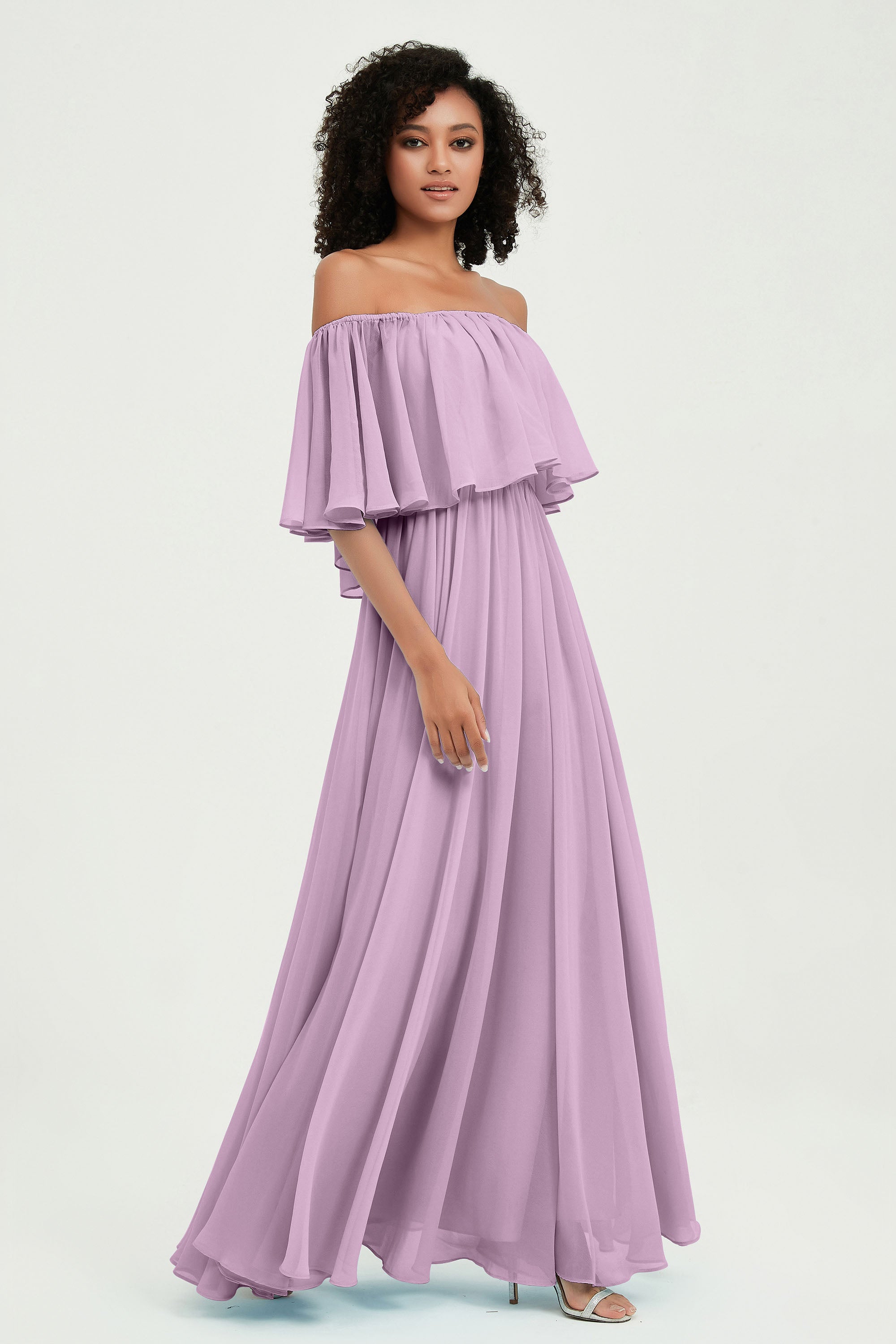 Boho Bridesmaid Dresses Ruffles Flutter Sleeves Formal Evening Dress Chiffon Off the Shoulder Gowns