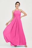 Vestido de dama de honor de gasa plisado con cuello halter, sin mangas, fruncido, formal, de noche, para graduación 