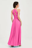Vestido de dama de honor de gasa plisado con cuello halter, sin mangas, fruncido, formal, de noche, para graduación 