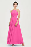 Vestido de dama de honor de gasa plisado con cuello halter, sin mangas, fruncido, formal, de noche, para graduación 