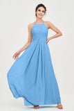 Vestido de dama de honor de gasa plisado con cuello halter, sin mangas, fruncido, formal, de noche, para graduación 