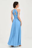 Vestido de dama de honor de gasa plisado con cuello halter, sin mangas, fruncido, formal, de noche, para graduación 